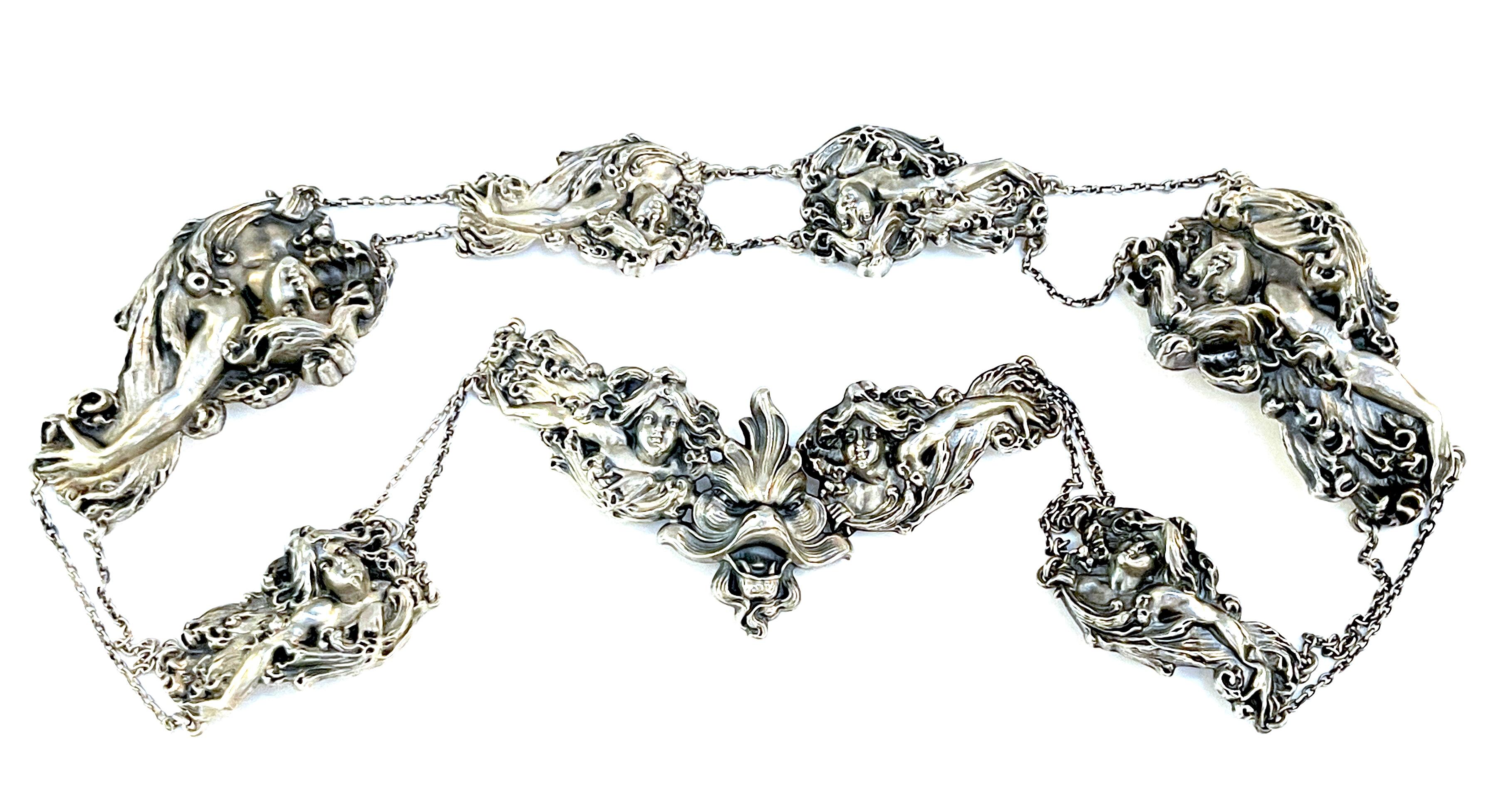 Art Nouveau Sterling Figural 8 Piece Belt by William B. Kerr Silver Company 
USA, circa 1890s

This Art Nouveau sterling silver belt by the esteemed William B. Kerr Silver Company stands as a true American masterpiece, an embodiment of the 1890s