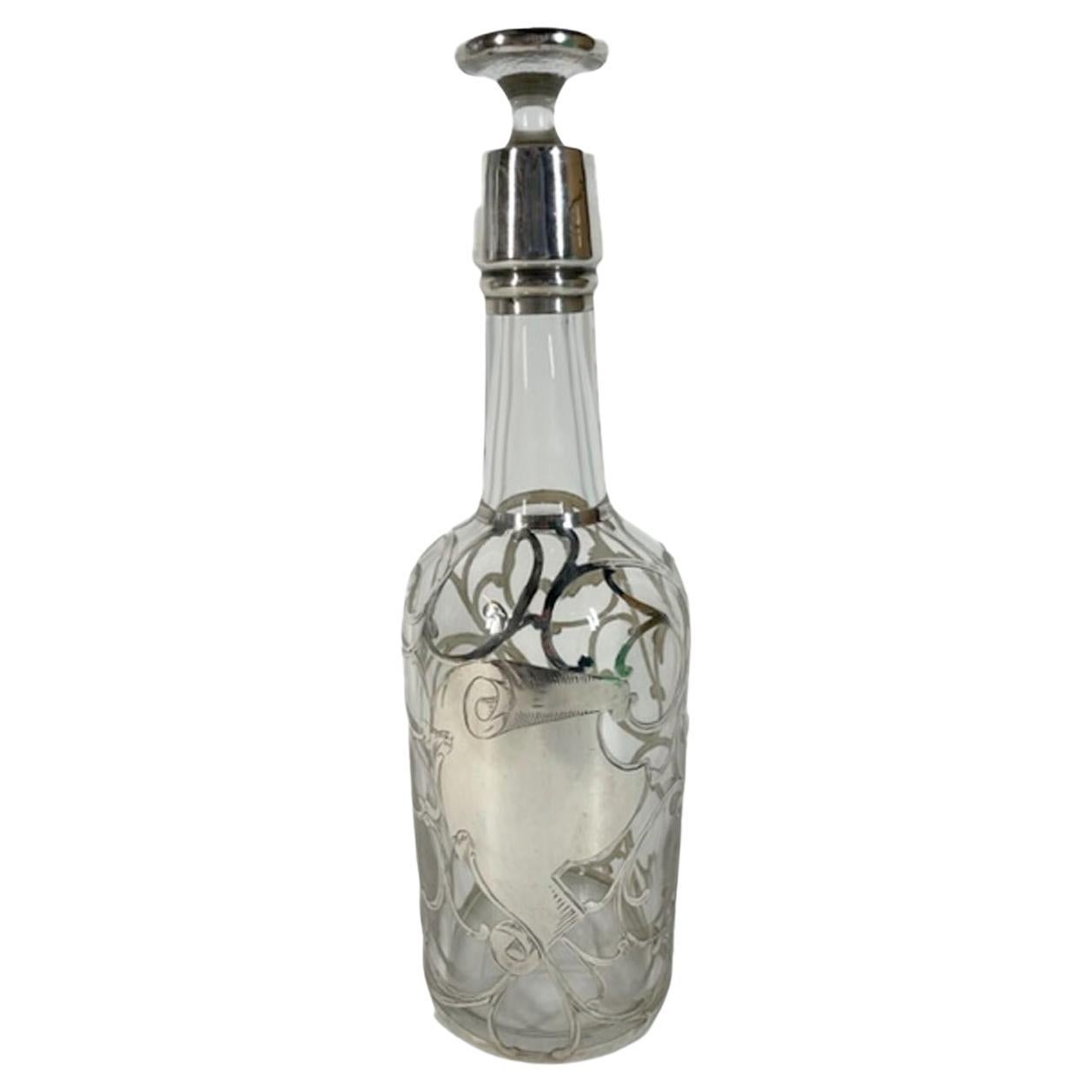 Art Nouveau Sterling Overlay Back Bar Bottle with Unmonogrammed Cartouche
