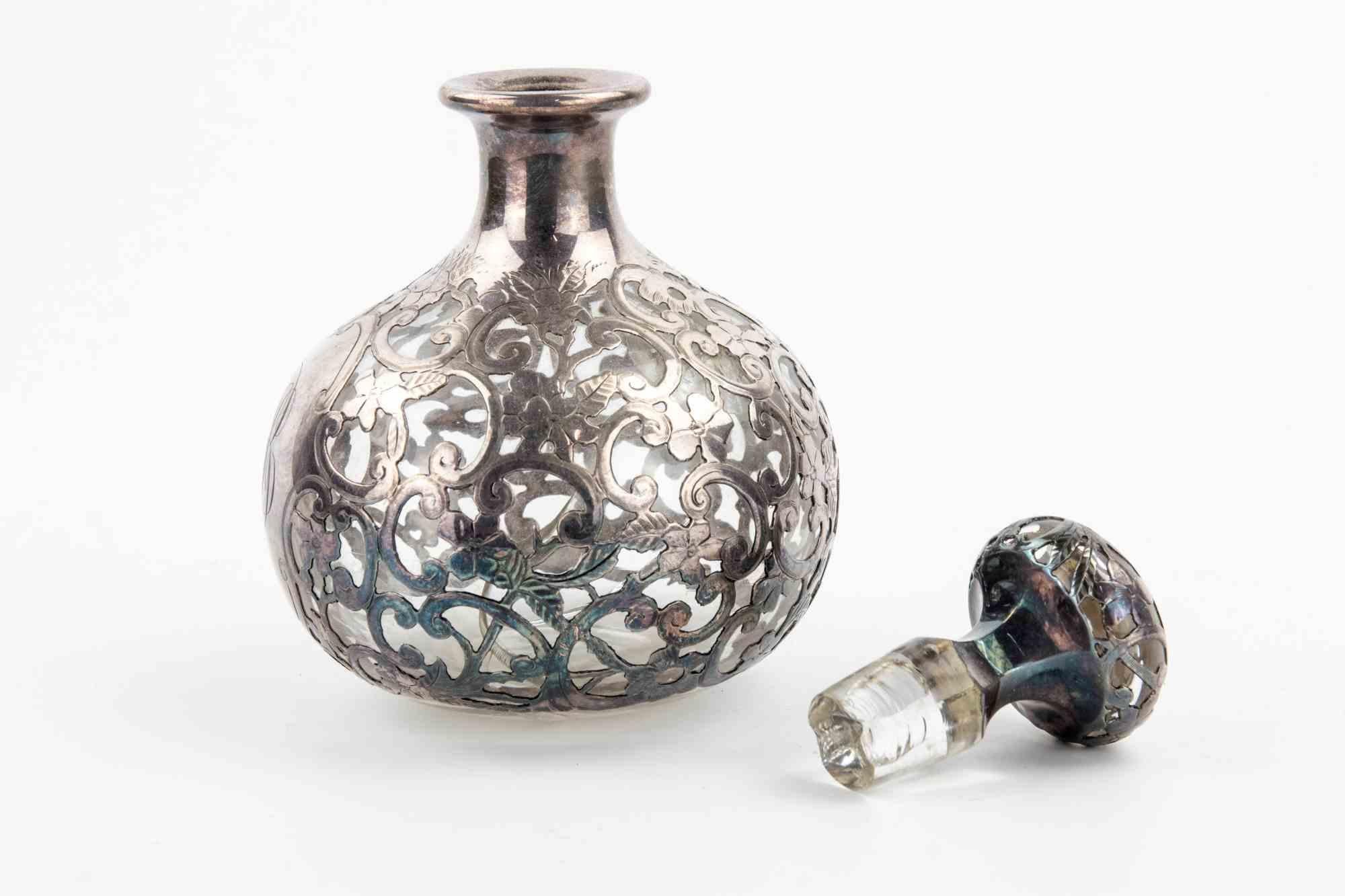 Austrian Art Nouveau Sterling Overlay Glass Bottle, Early 20th Century For Sale