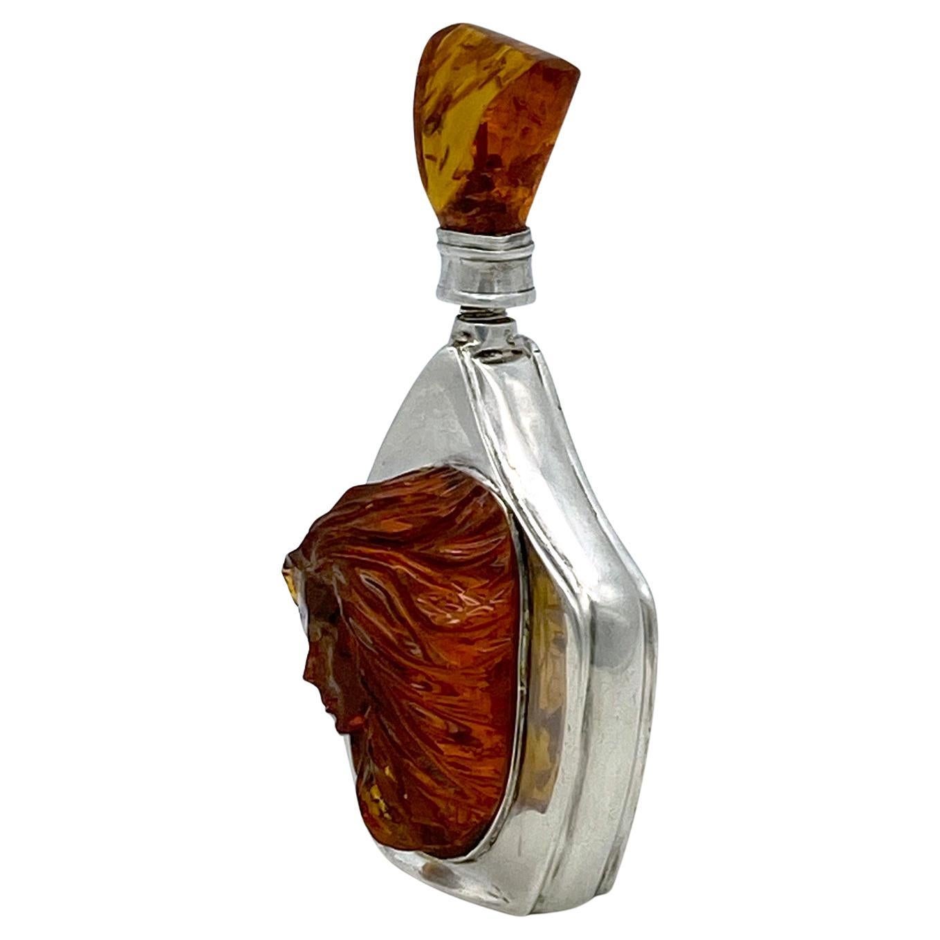 Art Nouveau Sterling Perfume Bottle with Amber For Sale