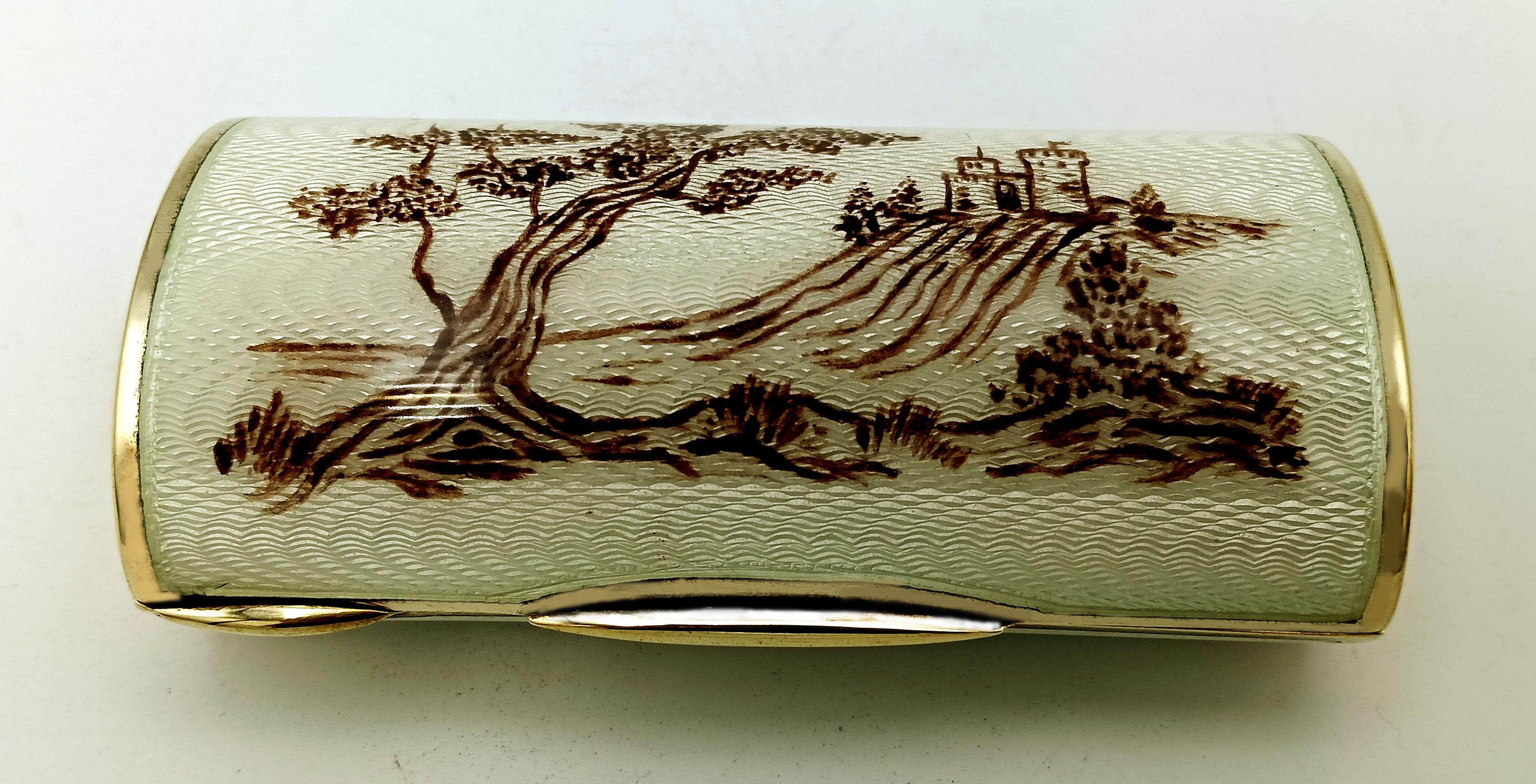 Hand-Carved Art Nouveau Sterling Silver Cigarette Case Enamel and Hand-Painted Miniature For Sale