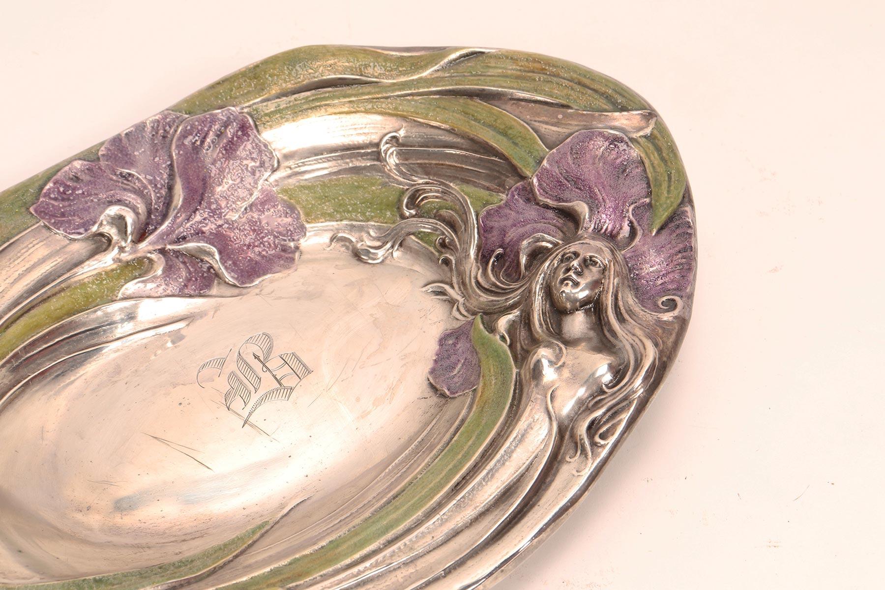 American Art Nouveau Sterling Silver Enamel Bowl, Usa, 1890 For Sale