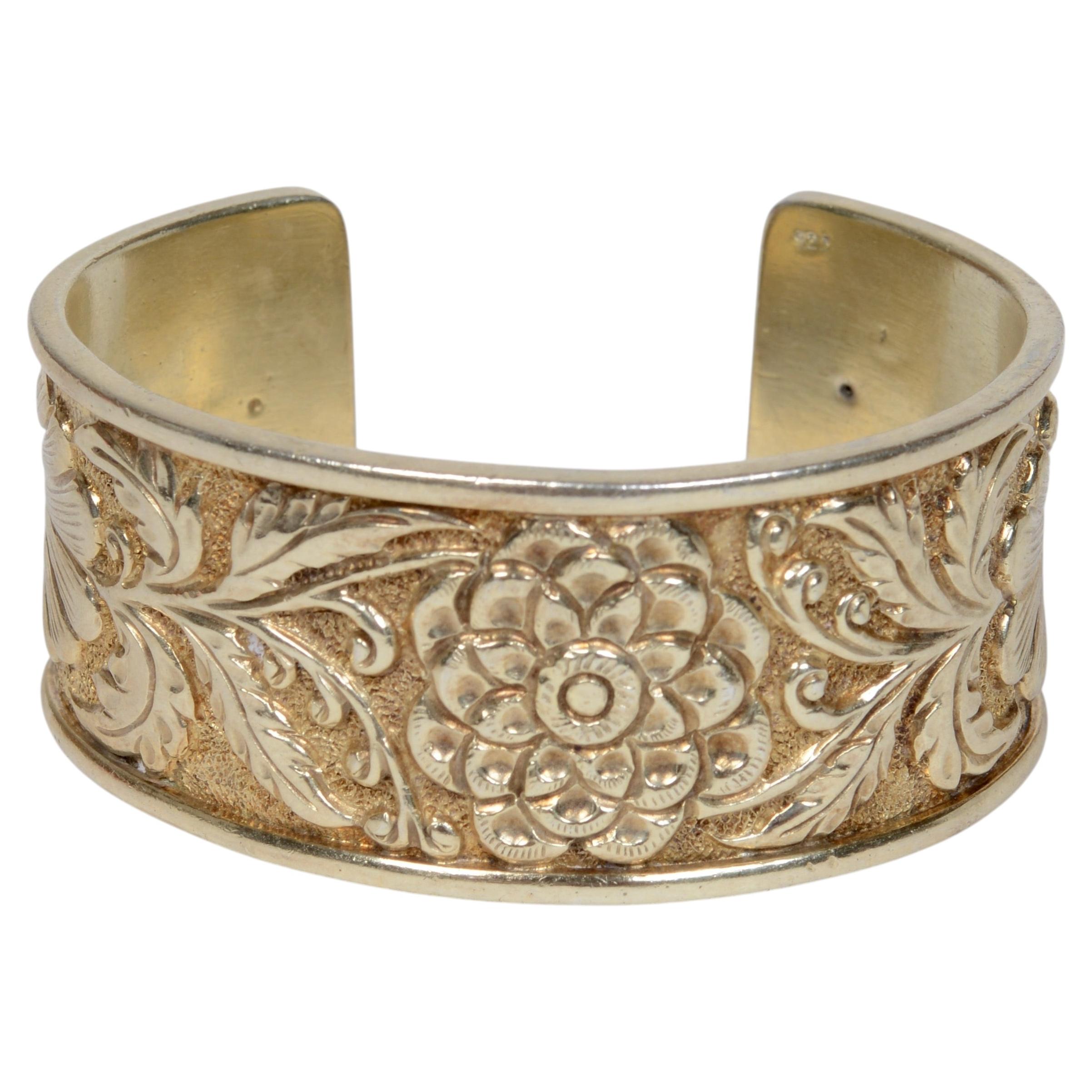 Art Nouveau Sterling Silver Gilded Cuff With Cast High Relief Floral Motifs