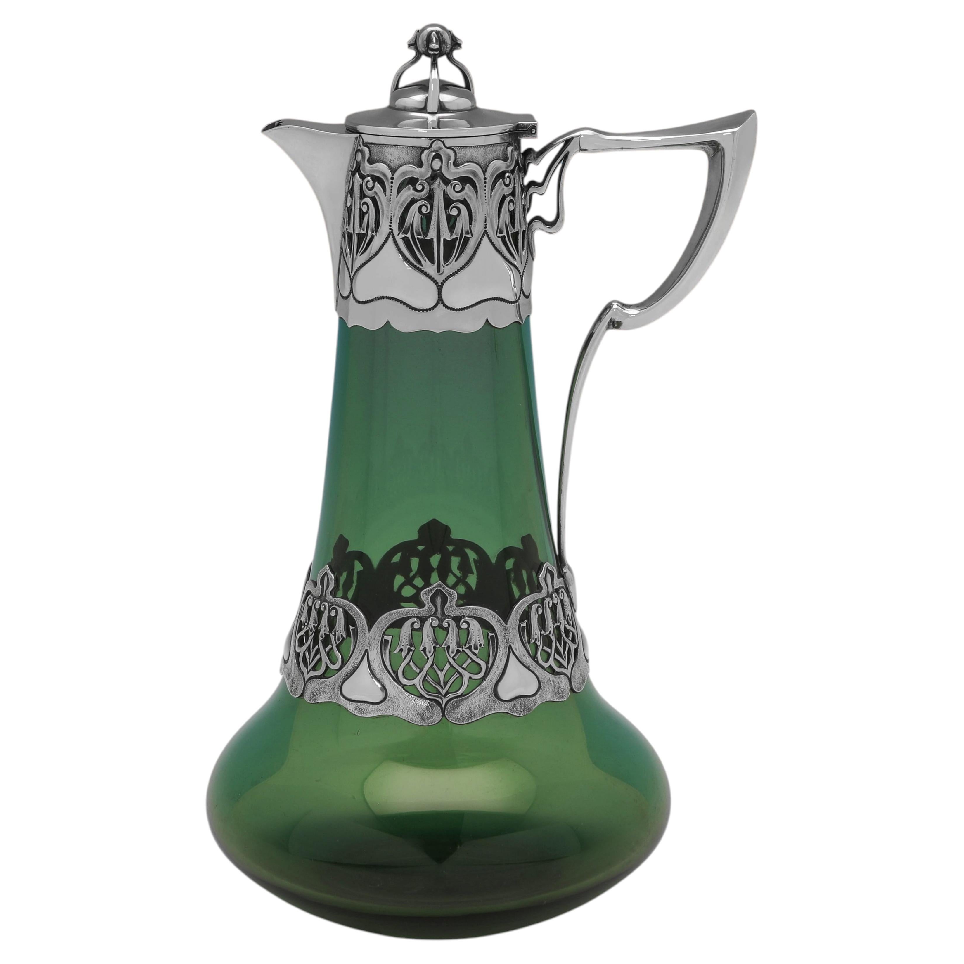 Art Nouveau Sterling Silver & Green Glass Claret Jug, London 1902 - Kate Harris For Sale