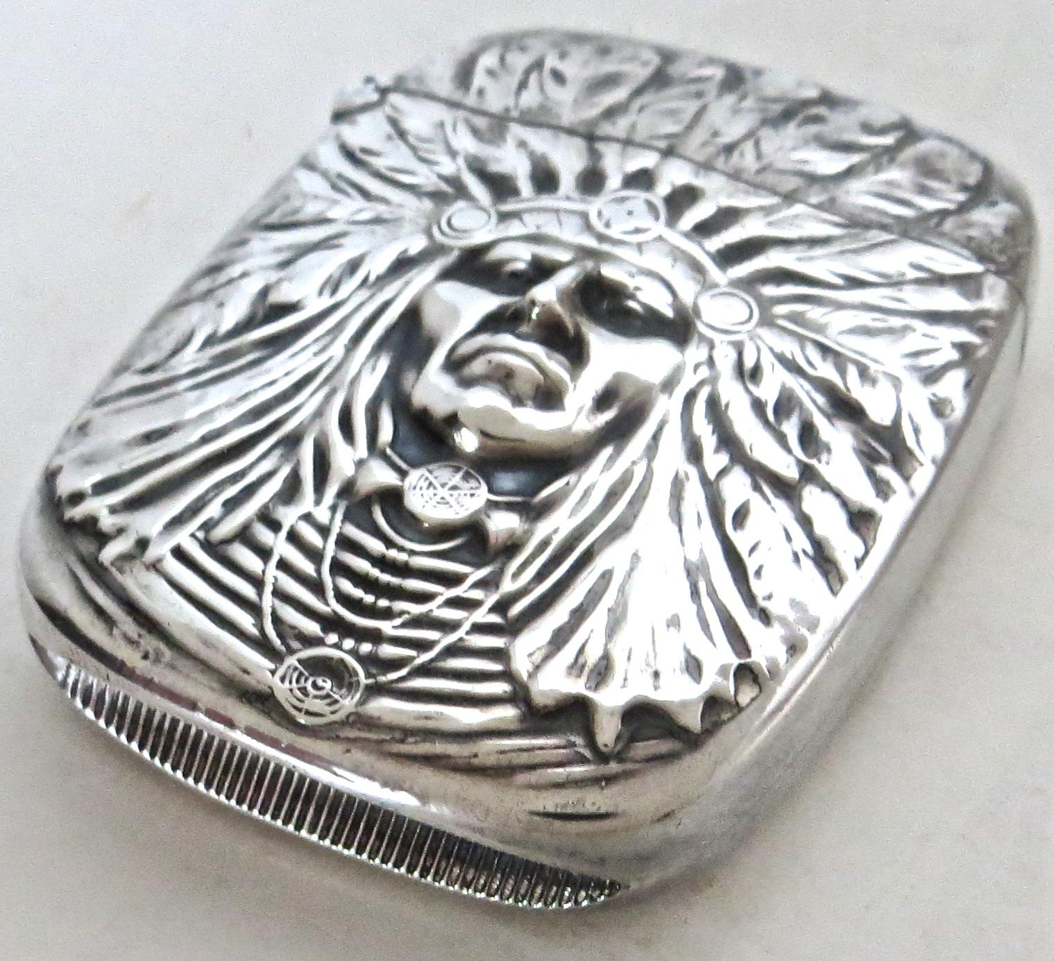 Art Nouveau Sterling Silver Match Safe, Indian Head, American, circa 1905 In Good Condition In Incline Village, NV