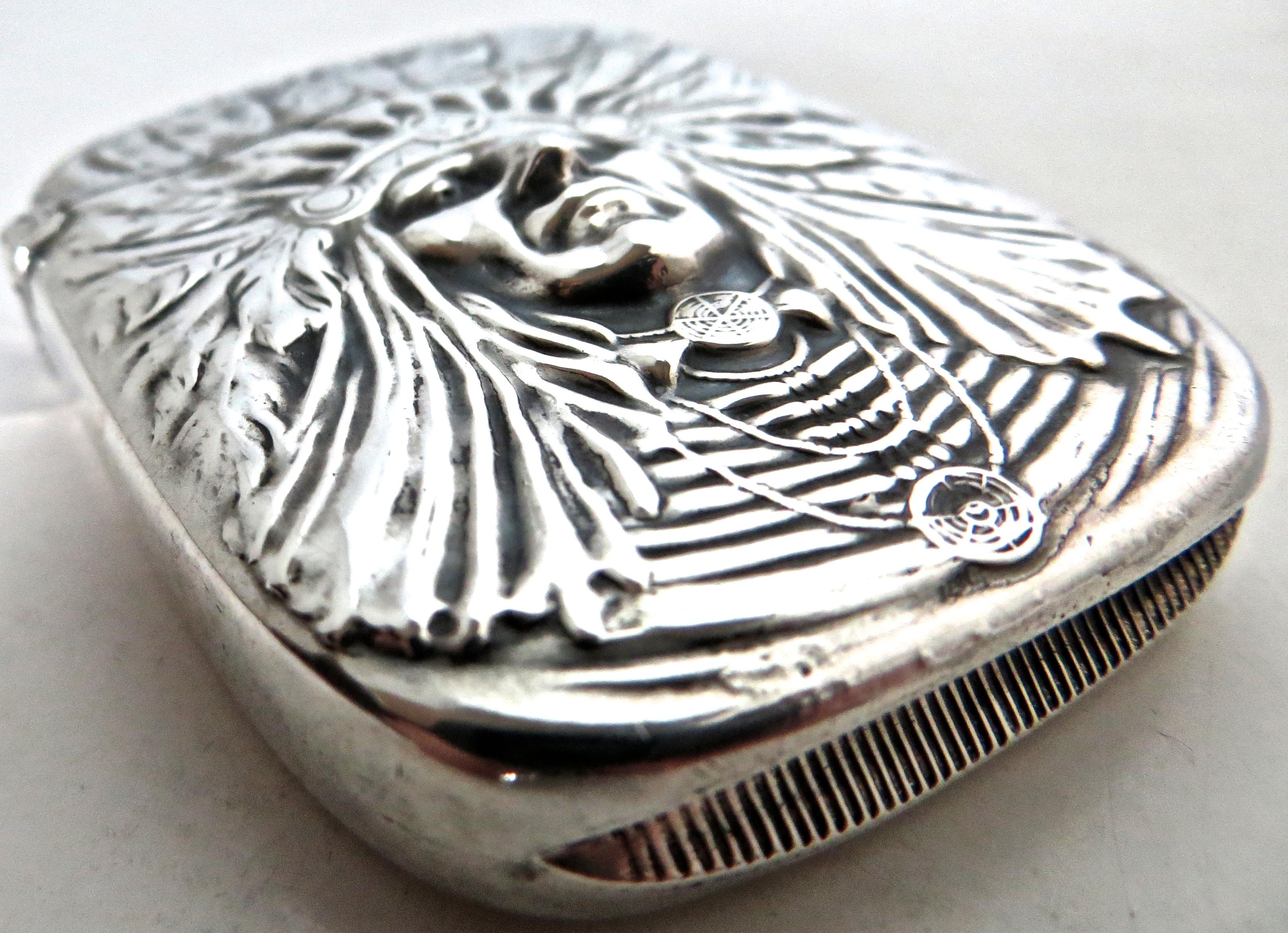 Early 20th Century Art Nouveau Sterling Silver Match Safe, Indian Head, American, circa 1905
