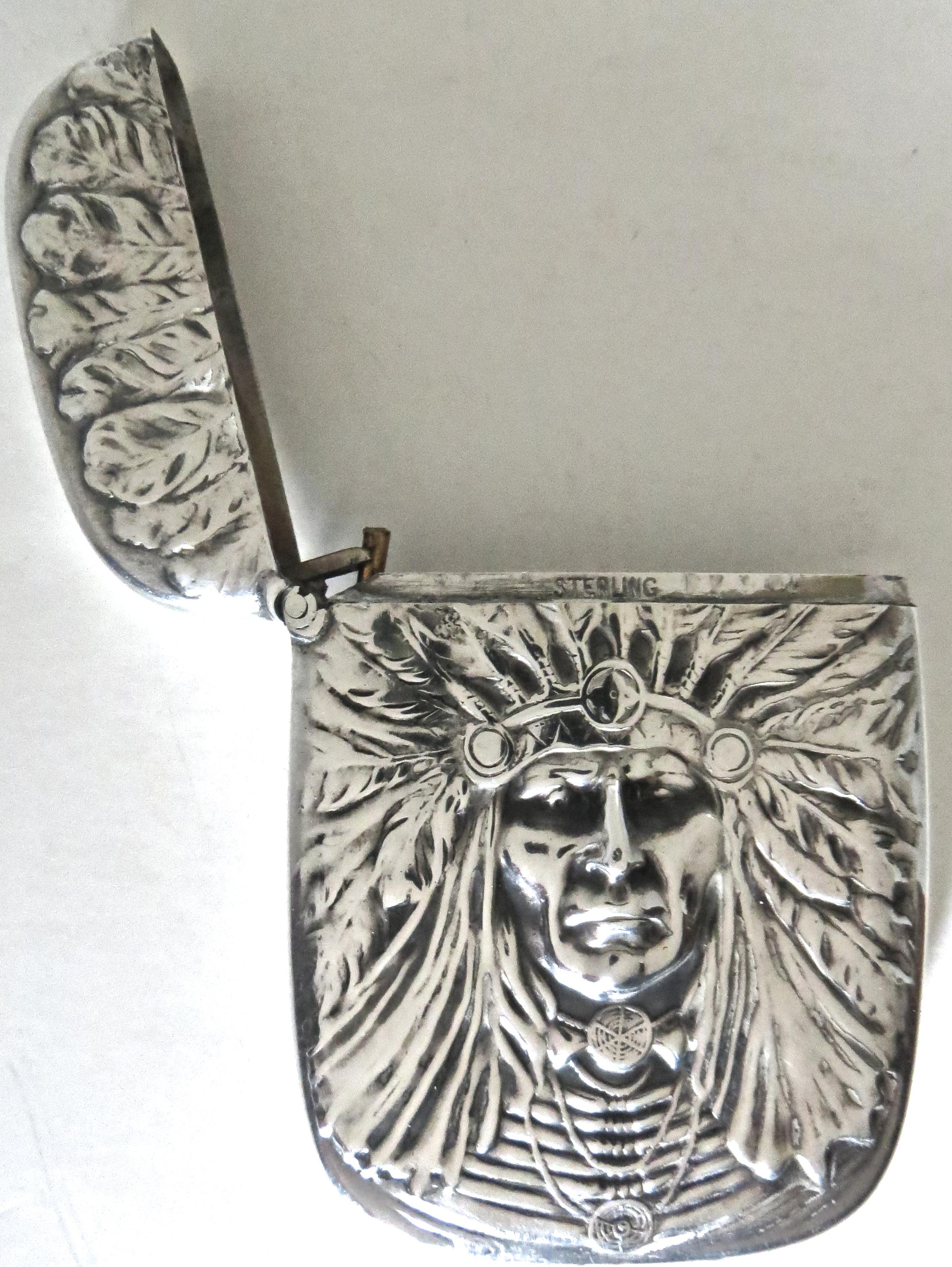 Art Nouveau Sterling Silver Match Safe, Indian Head, American, circa 1905 1