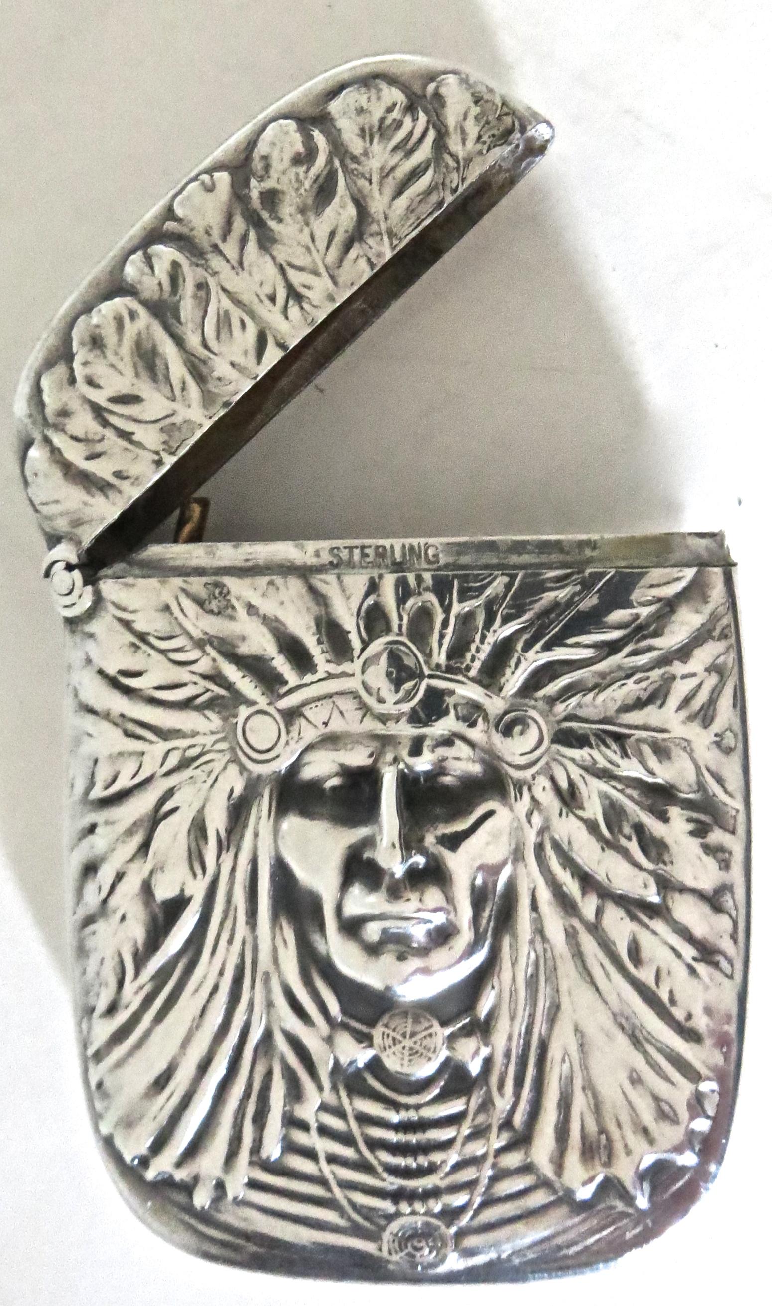 Art Nouveau Sterling Silver Match Safe, Indian Head, American, circa 1905 2