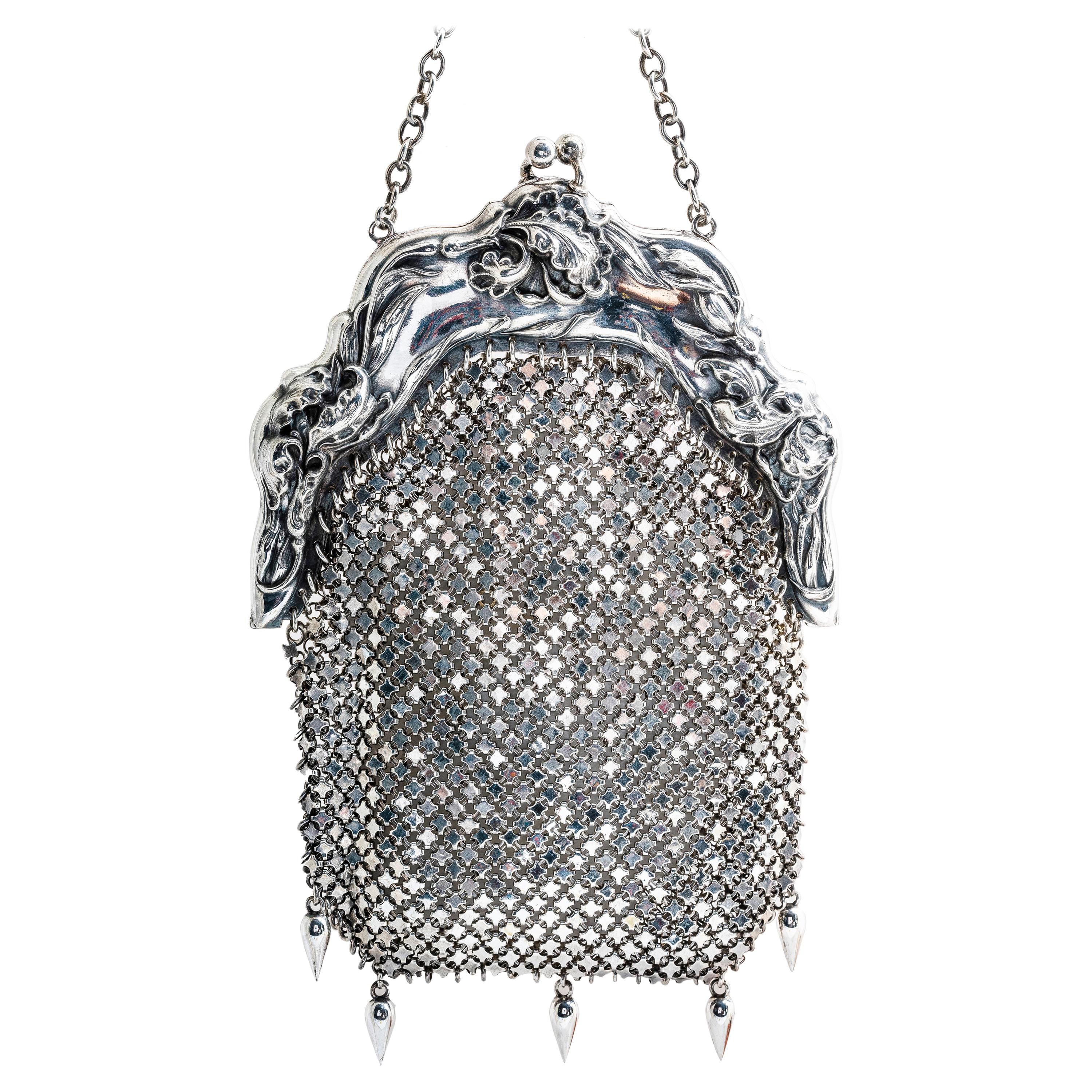 Art Nouveau Sterling Silver Mesh Coin Purse Handbag For Sale