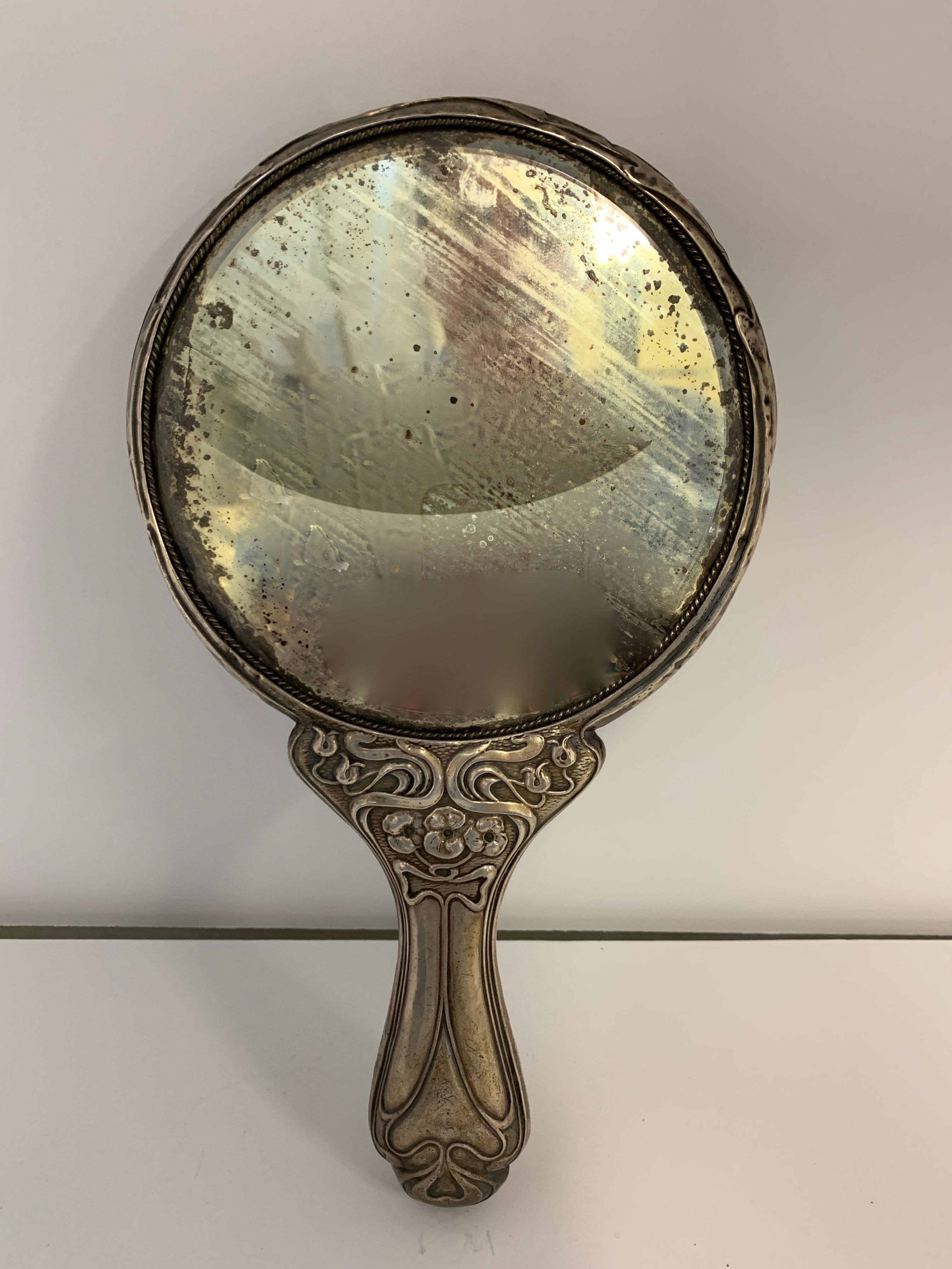 Cast Art Nouveau Sterling Silver Mirror