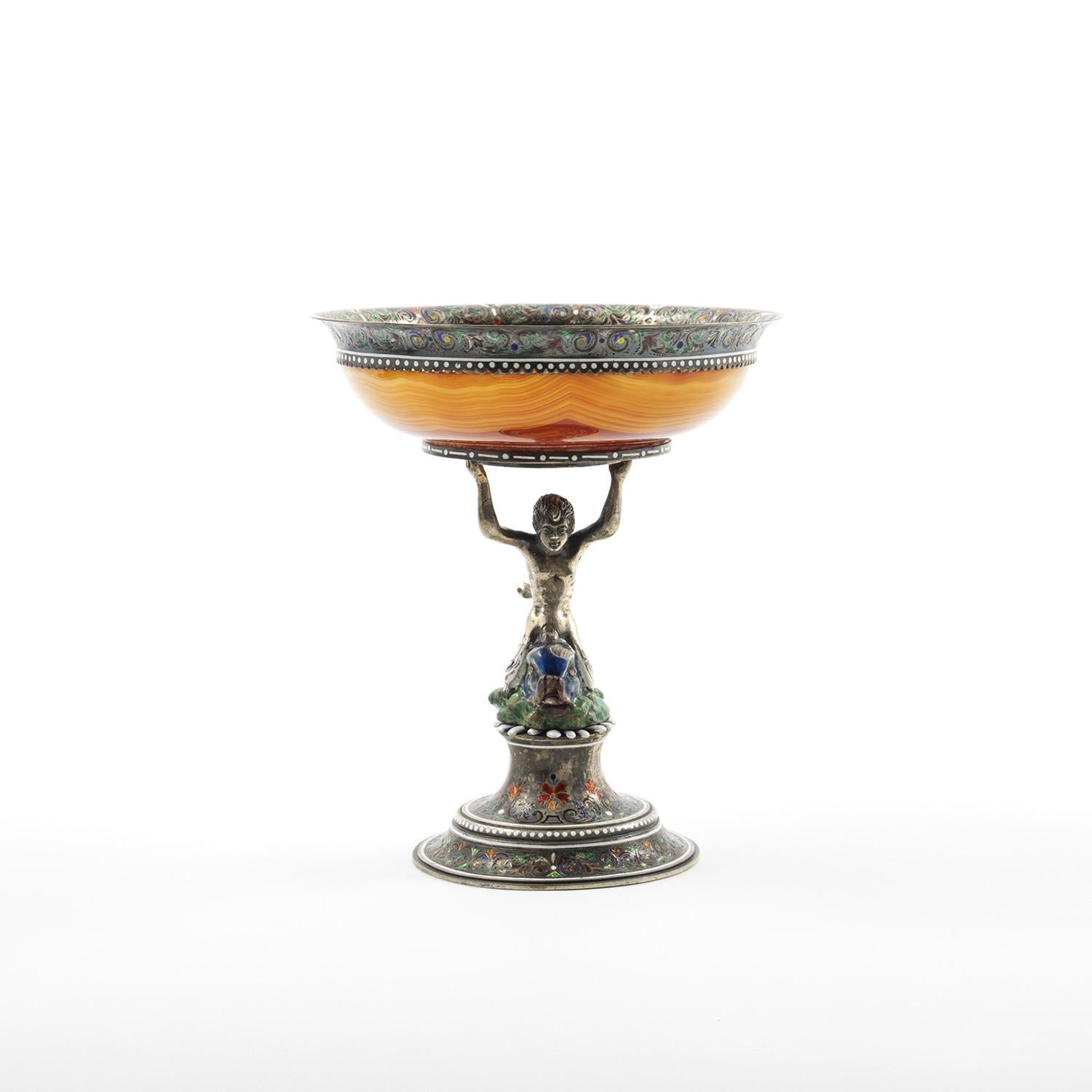 German Art Nouveau Sterling Silver Mounted Agate Caviar Server by J.D. Schleissner & S.