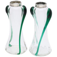 Art Nouveau Sterling Silver-Mounted Blown Green and Clear Glass Bud Vases, Pair