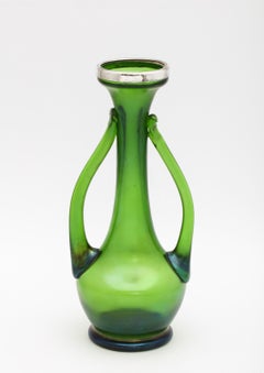 Art Nouveau Sterling Silver- Mounted Iridescent Green Art Glass Bud Vase