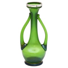 Antique Art Nouveau Sterling Silver- Mounted Iridescent Green Art Glass Bud Vase