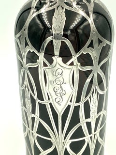 Art Nouveau Sterling Silver Overlay Amber Glass Decanter Whiskey Scotch Bottle