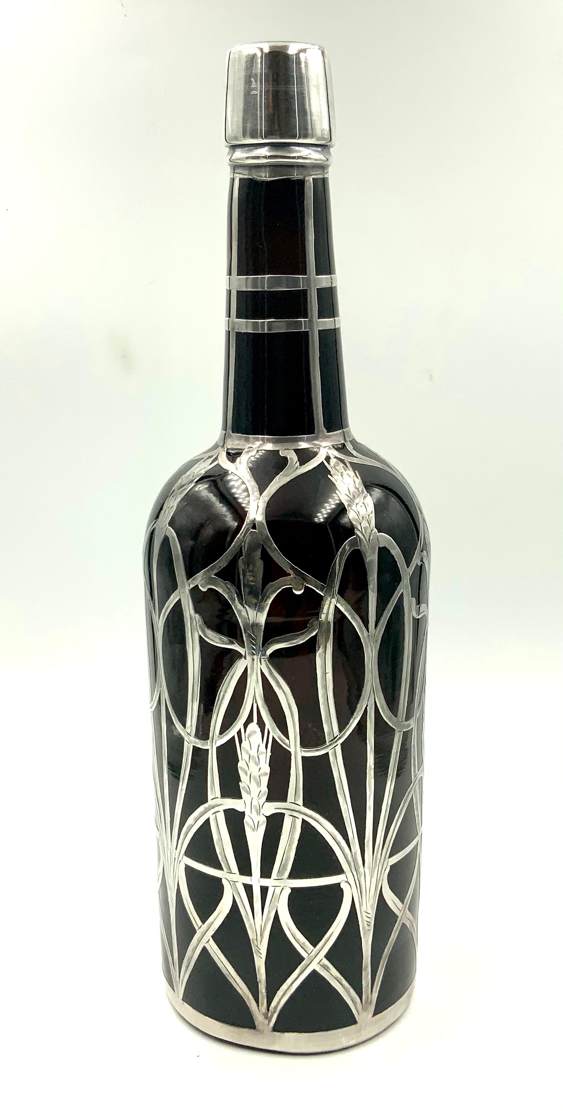 Art Nouveau Sterling Silver Overlay Amber Glass Decanter Whiskey Scotch Bottle In Good Condition For Sale In Miami Beach, FL