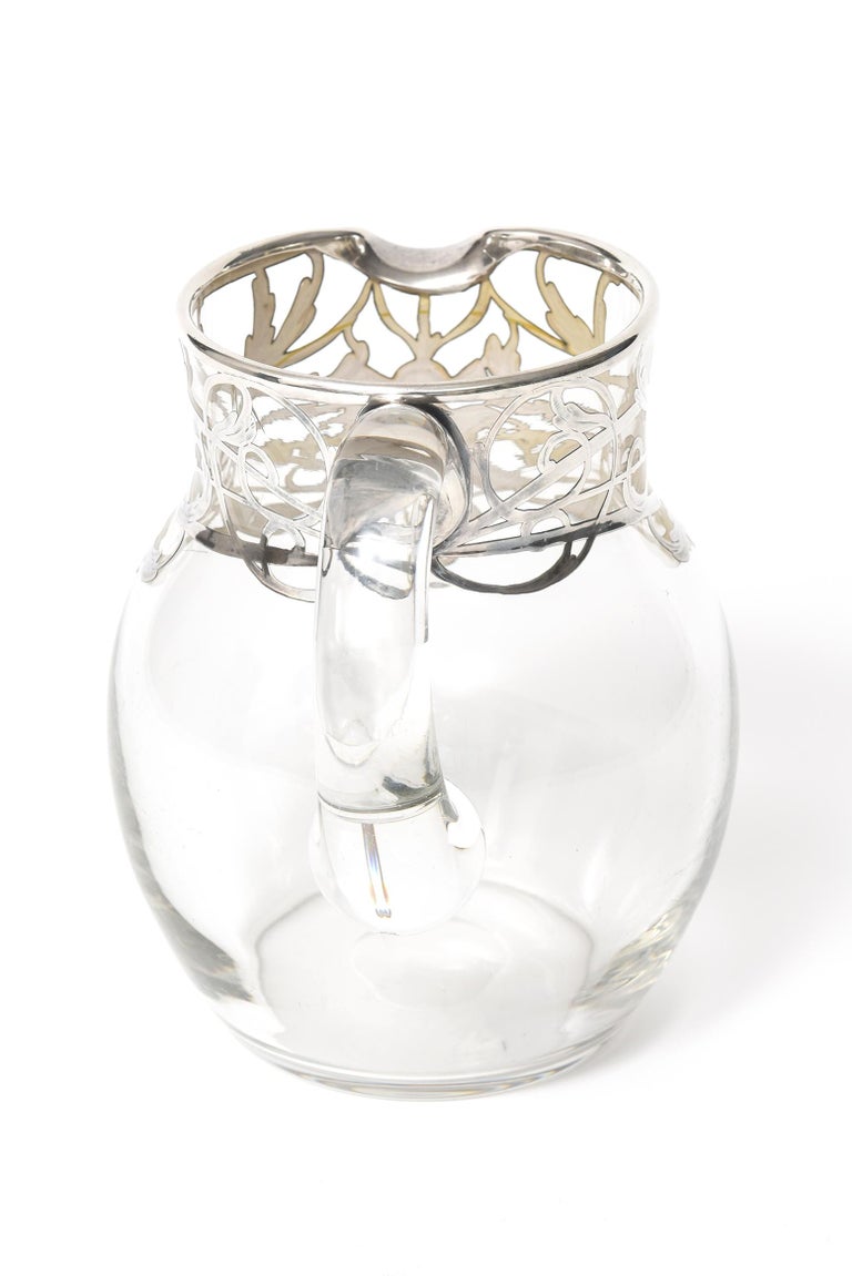 Art Nouveau Sterling Silver Overlay Floral Glass Water Pitcher Jug Decanter In Good Condition For Sale In Miami Beach, FL