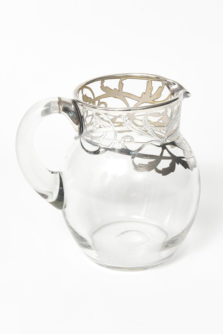 20th Century Art Nouveau Sterling Silver Overlay Floral Glass Water Pitcher Jug Decanter For Sale
