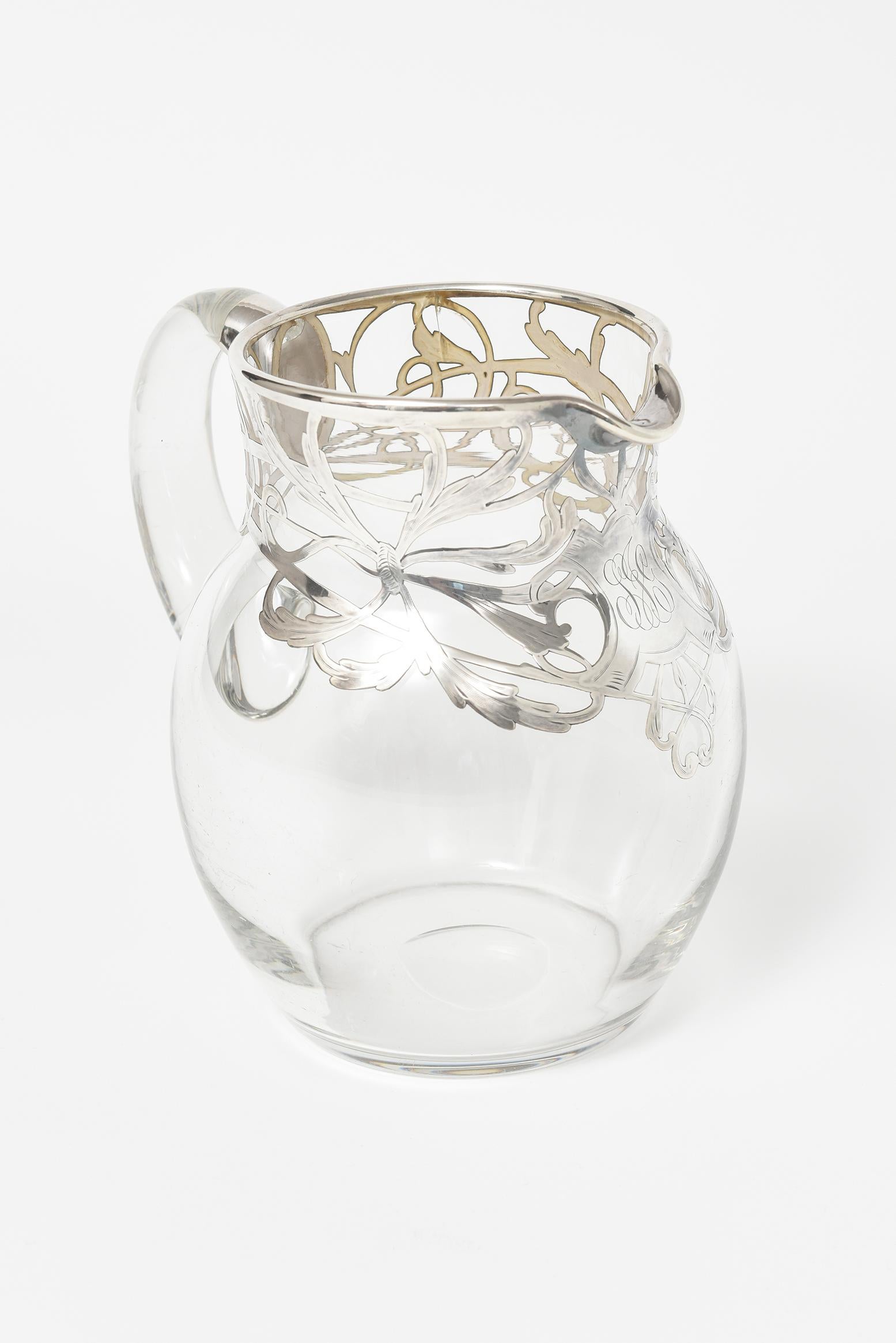 Art Nouveau Sterling Silver Overlay Floral Glass Water Pitcher Jug Decanter In Good Condition In Miami Beach, FL