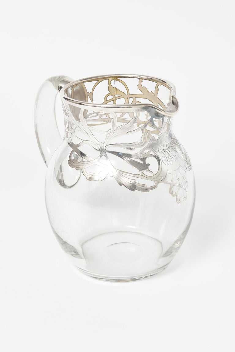 Art Nouveau Sterling Silver Overlay Floral Glass Water Pitcher Jug Decanter For Sale 1