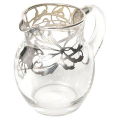 Art Nouveau Sterling Silver Overlay Floral Glass Water Pitcher Jug Decanter