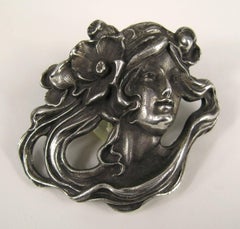 Art Nouveau Sterling Silver Portrait Brooch Pin Pendant 1920s of a woman