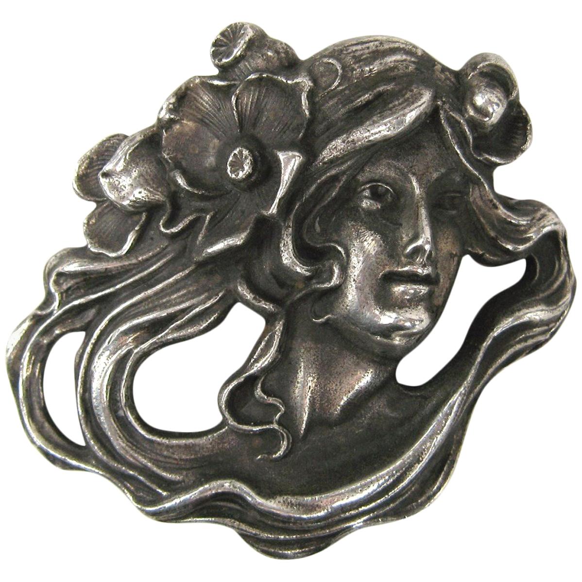 Art Nouveau Sterling Silver Portrait Brooch Pin Pendant 1920s of a woman
