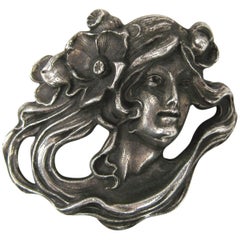 Vintage Art Nouveau Sterling Silver Portrait Brooch Pin Pendant 1920s of a woman 