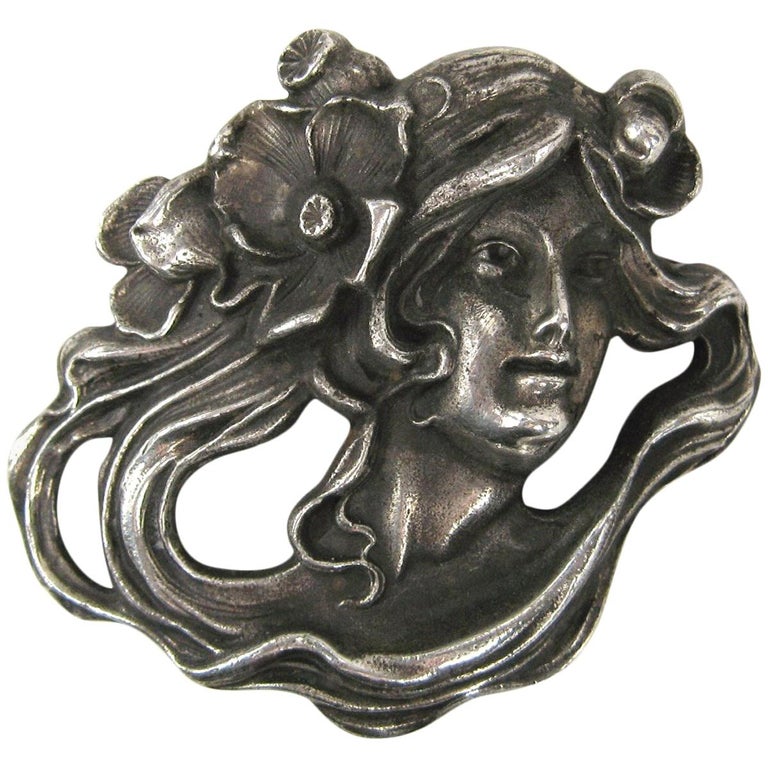 925 Sterling Silver Vintage MMA Art-Nouveau-Girl Design Pin Brooch  Pendant