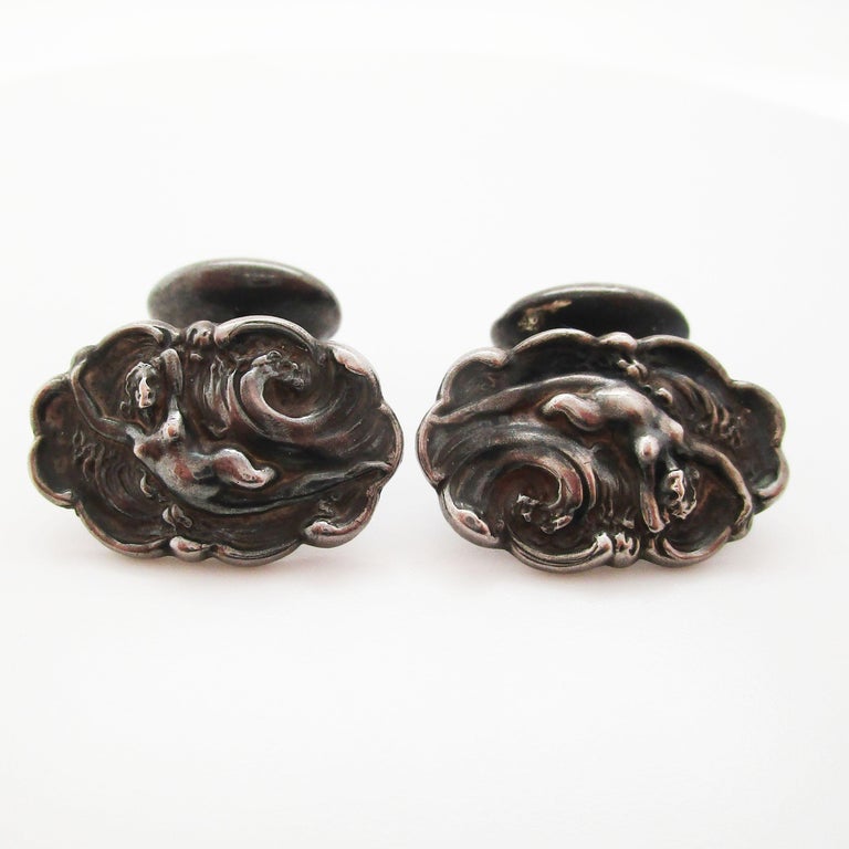 Art Nouveau Sterling Silver Riding Waves Figural Unger Brothers Cufflinks In Good Condition For Sale In Lexington, KY