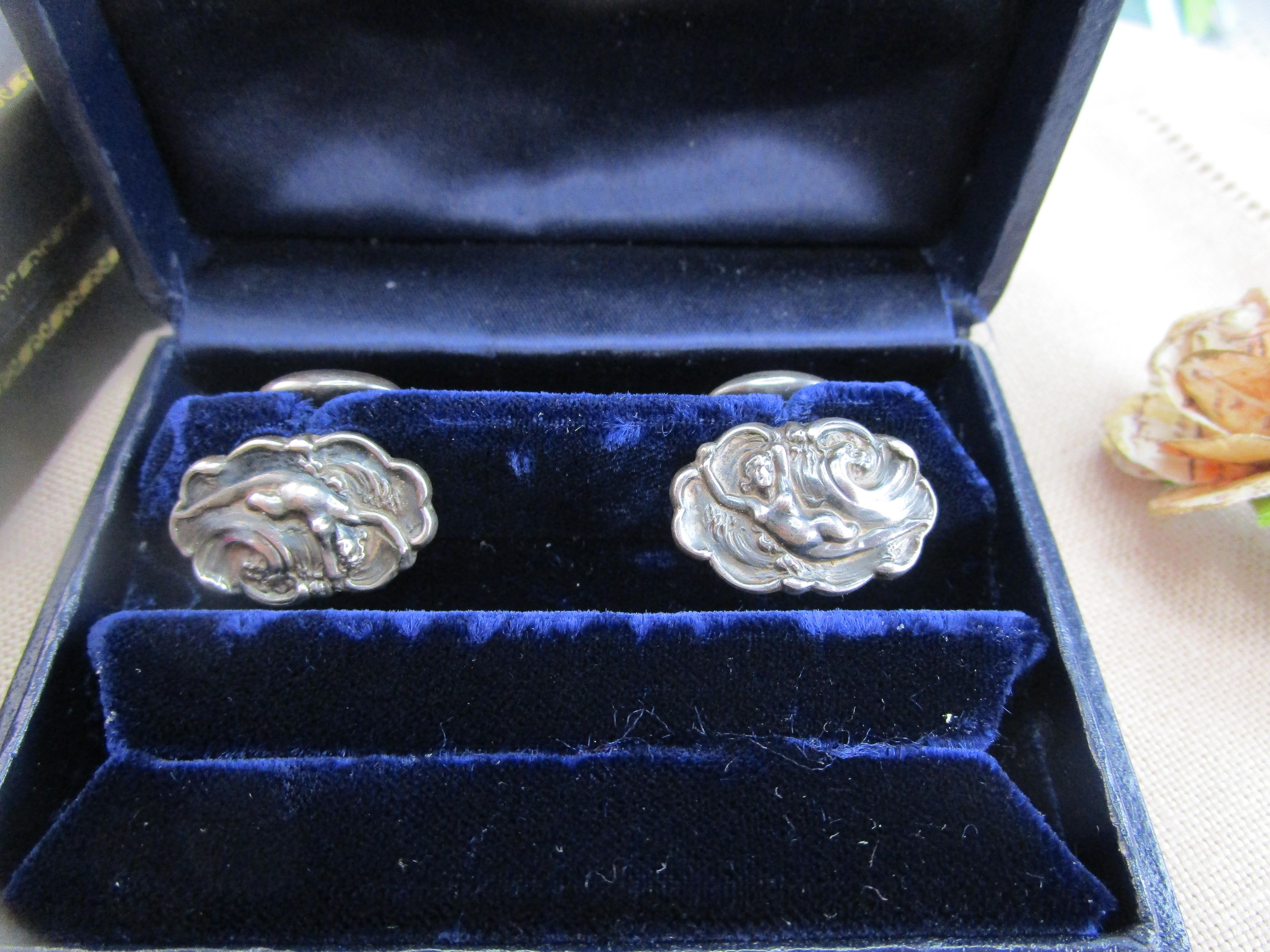 Art Nouveau Sterling Silver Riding Waves Figural Unger Brothers Cufflinks For Sale 3