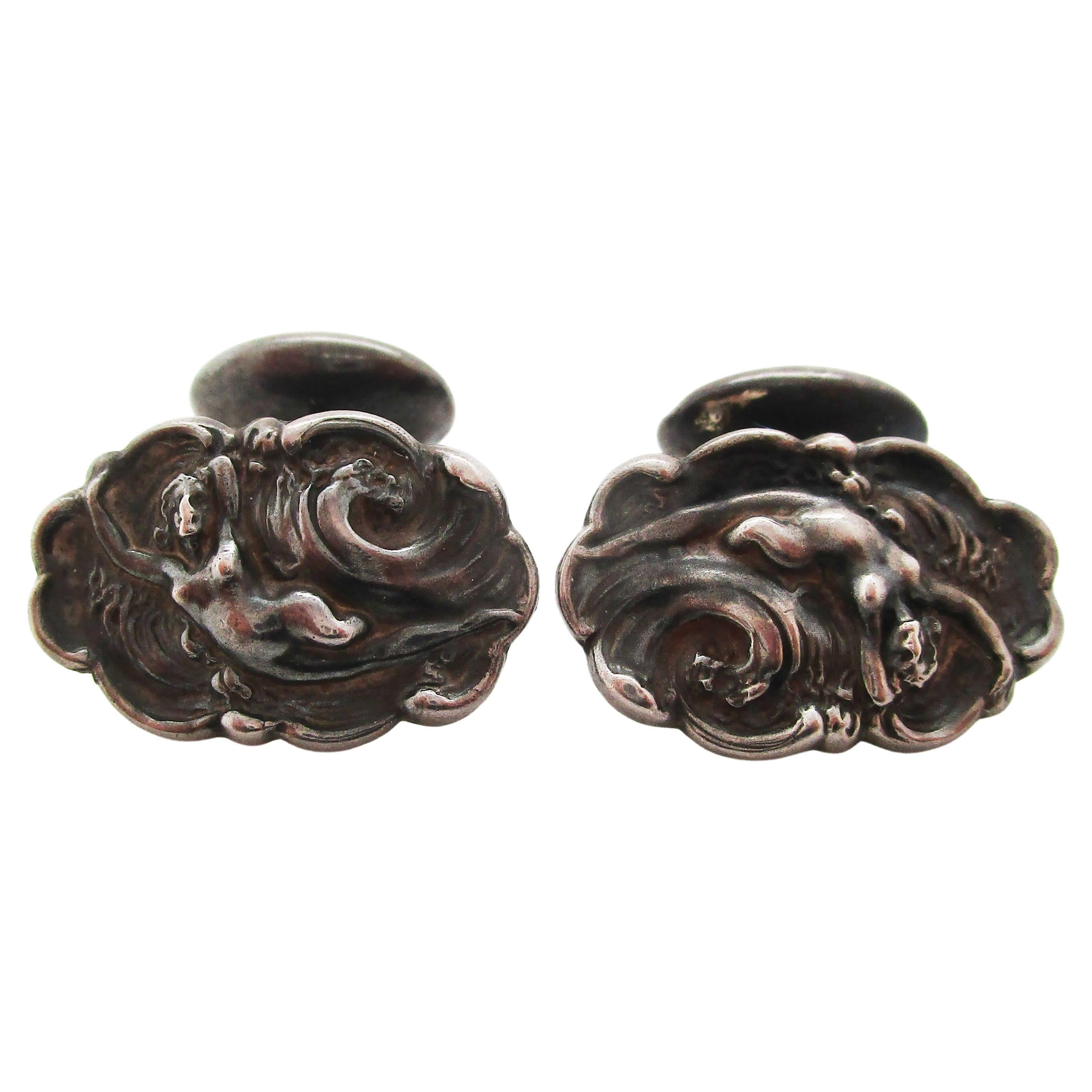 Art Nouveau Sterling Silver Riding Waves Figural Unger Brothers Cufflinks en vente