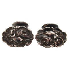 Antique Art Nouveau Sterling Silver Riding Waves Figural Unger Brothers Cufflinks