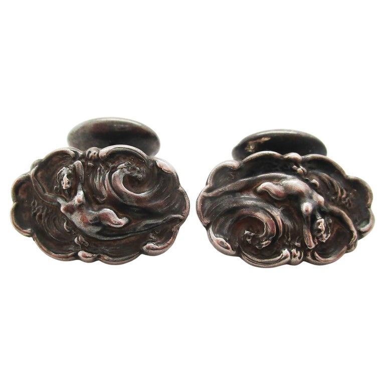 Art Nouveau Sterling Silver Riding Waves Figural Unger Brothers Cufflinks For Sale