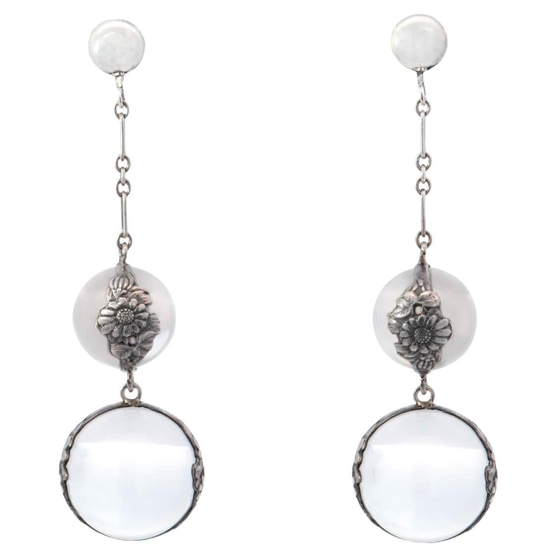 Pendientes Art Nouveau de plata de ley con cristal de cuarzo de roca Pools Of Light