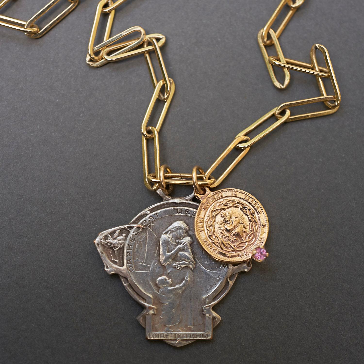Brilliant Cut Art Nouveau Sterling Silver Sapphire Sacred Heart Medal Pendant Chain Necklace For Sale