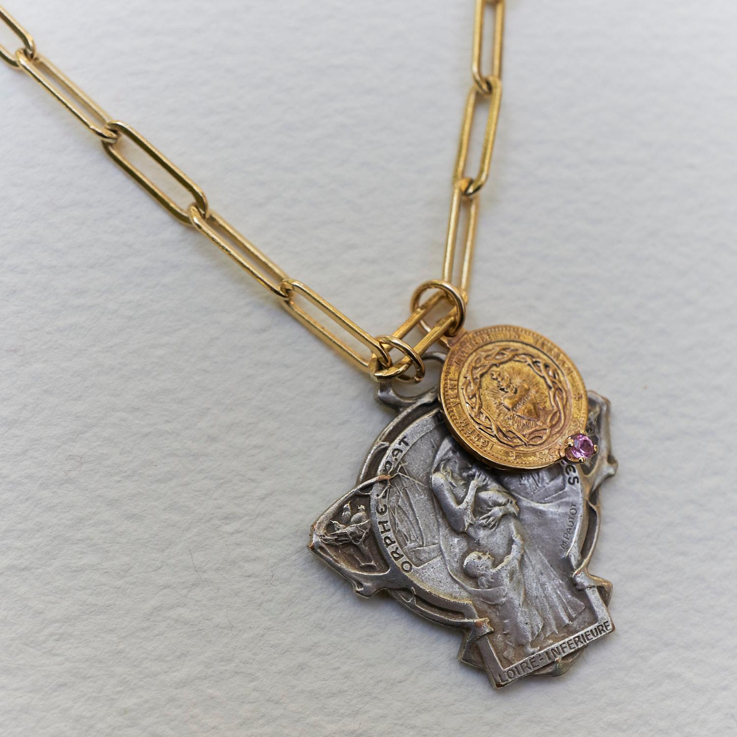 Art Nouveau Sterling Silver Sapphire Sacred Heart Medal Pendant Chain Necklace For Sale 2