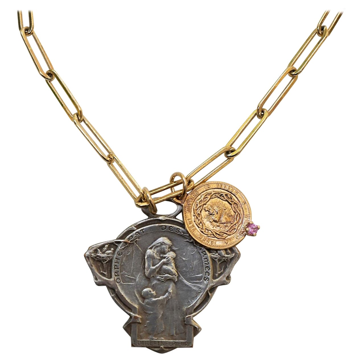 Art Nouveau Sterling Silber Saphir Heiliges Herz Medaille Anhänger Kette Halskette 