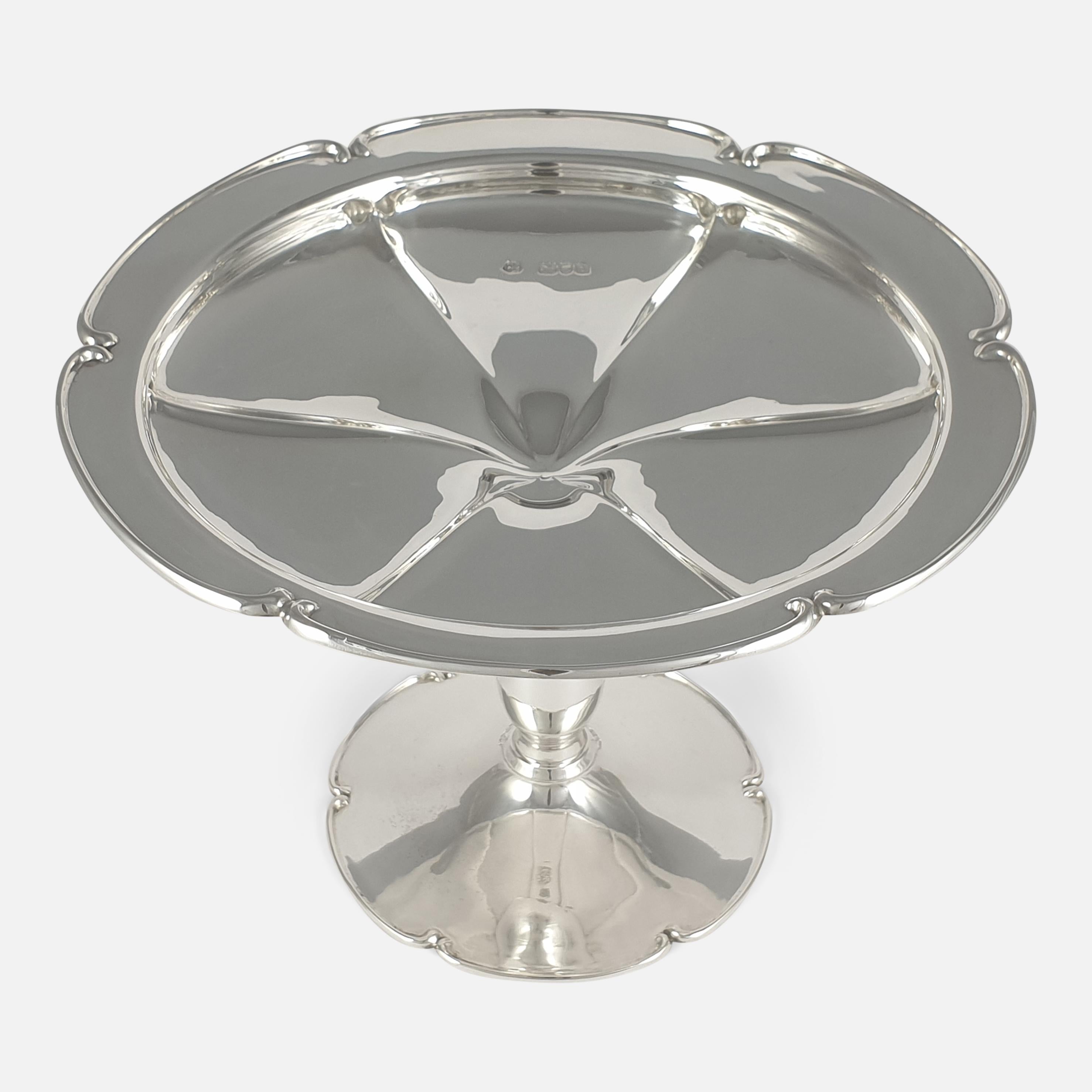 An Edwardian Art Nouveau sterling silver Tazza by R & W Sorley, London 1901. The Tazza bowl is of shaped and lobed circular form, leading to a elongated stem on a spreading foot. The Tazza is hallmarked with the makers mark of R & W Sorley, London
