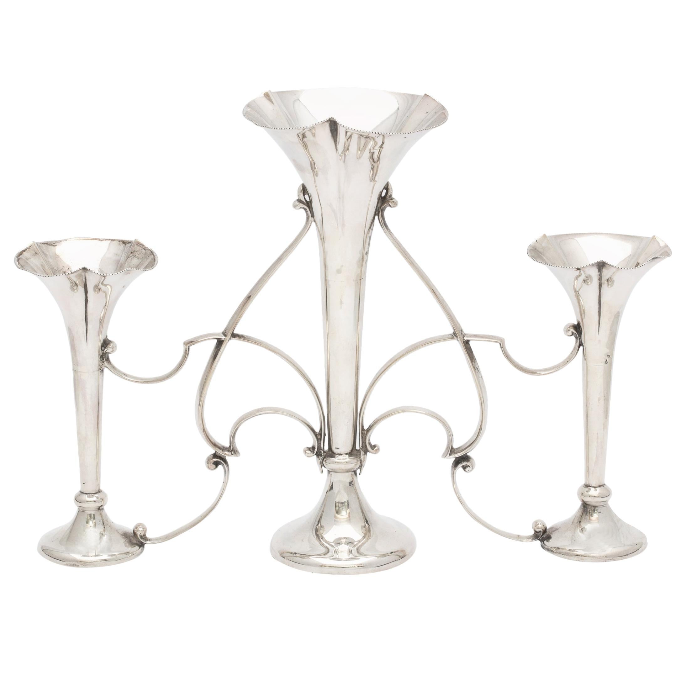 Art Nouveau Sterling Silver Three-Vase Epergne/Centerpiece-James Dixon and Sons