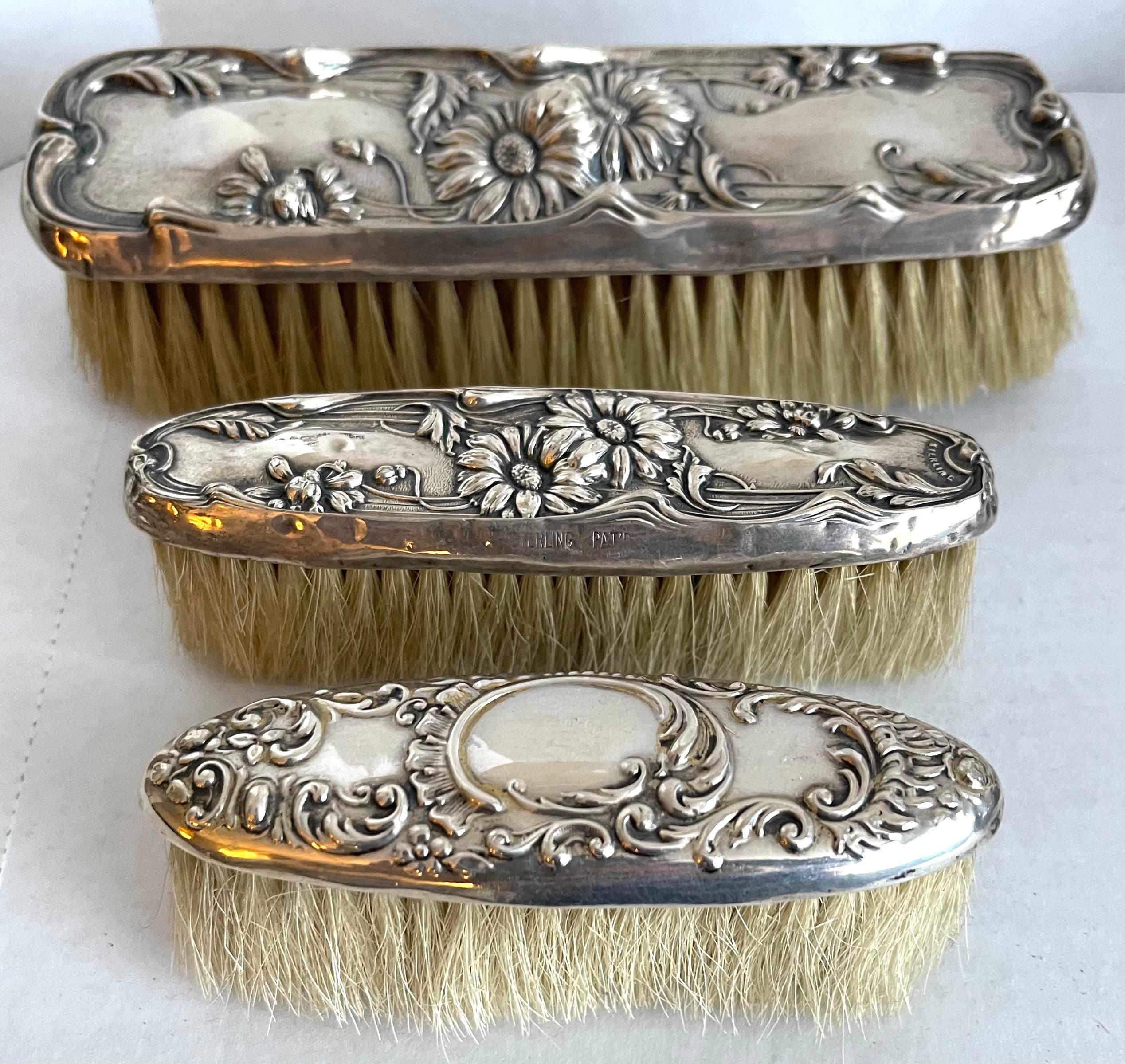 American Art Nouveau Sterling Vanity Brushes, Set of 6