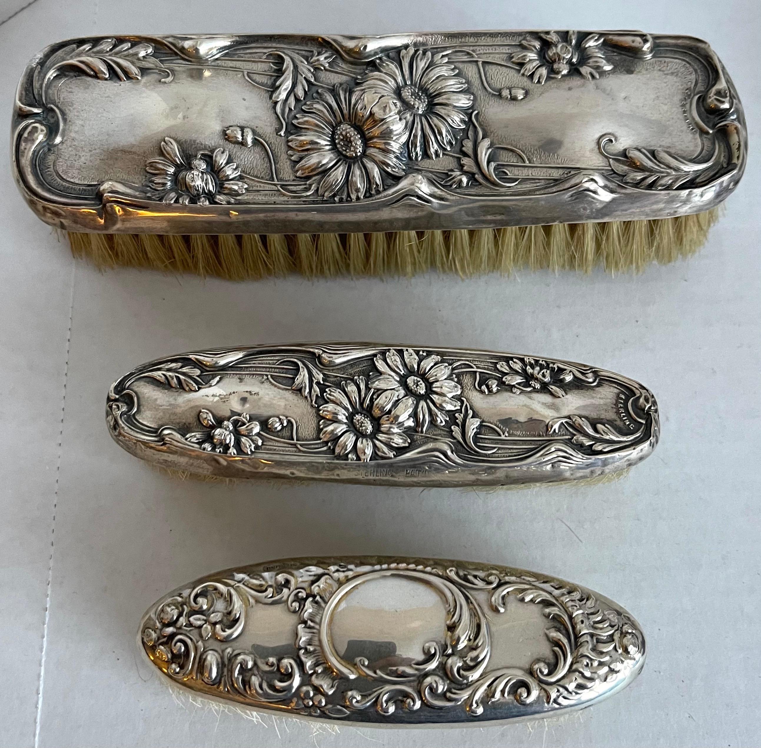 Repoussé Art Nouveau Sterling Vanity Brushes, Set of 6