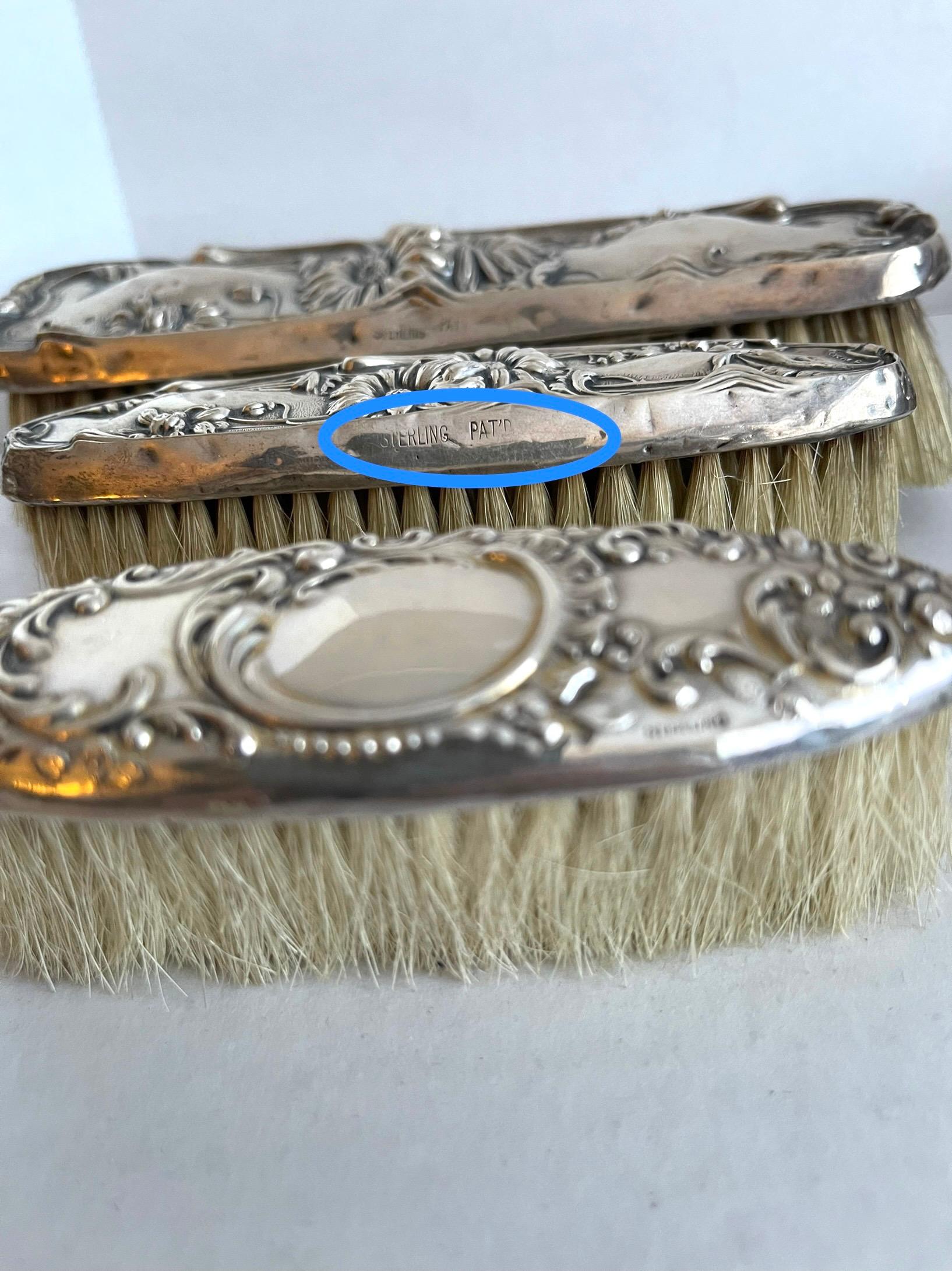 Art Nouveau Sterling Vanity Brushes, Set of 6 In Good Condition In Stamford, CT