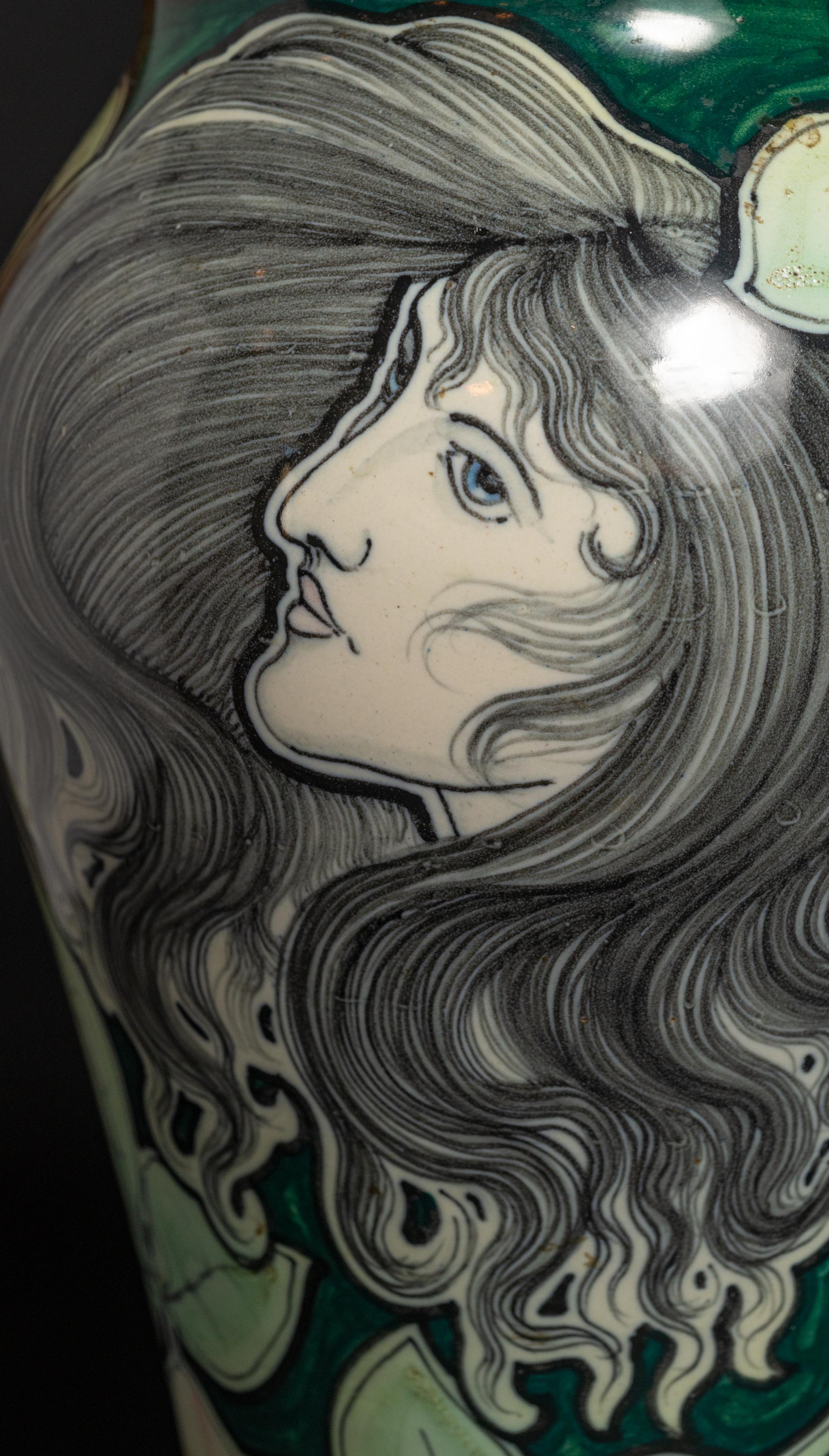 Glazed Art Nouveau Stile Liberty Portrait Vase by Galileo Chini For Sale