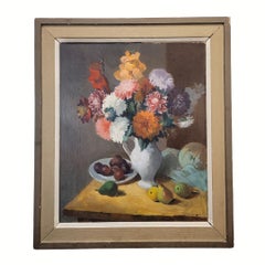 Art Nouveau Still Life Flowers and Fruit, Oil on Canvas , Pierre Wagner France