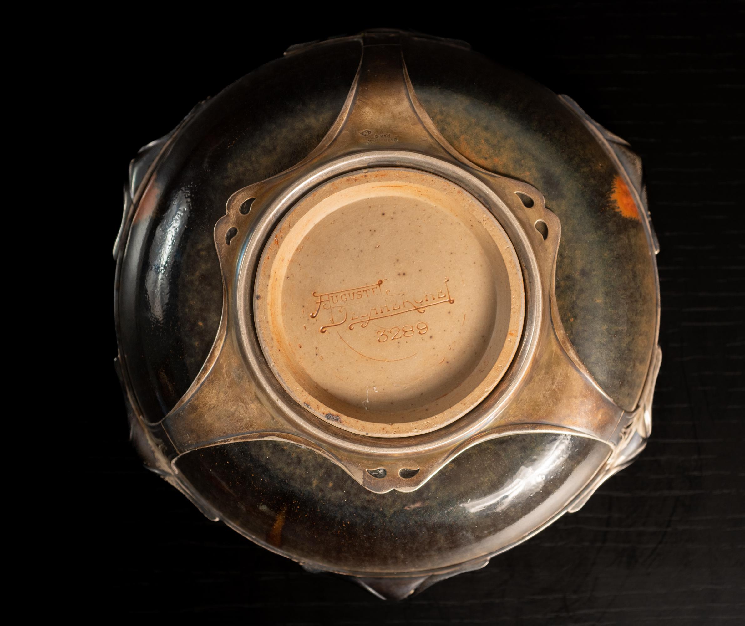 Art Nouveau Stoneware Copper Drip Bowl in Silver Mount by Auguste Delaherche For Sale 5