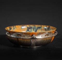 Art Nouveau Stoneware Copper Drip Bowl in Silver Mount by Auguste Delaherche