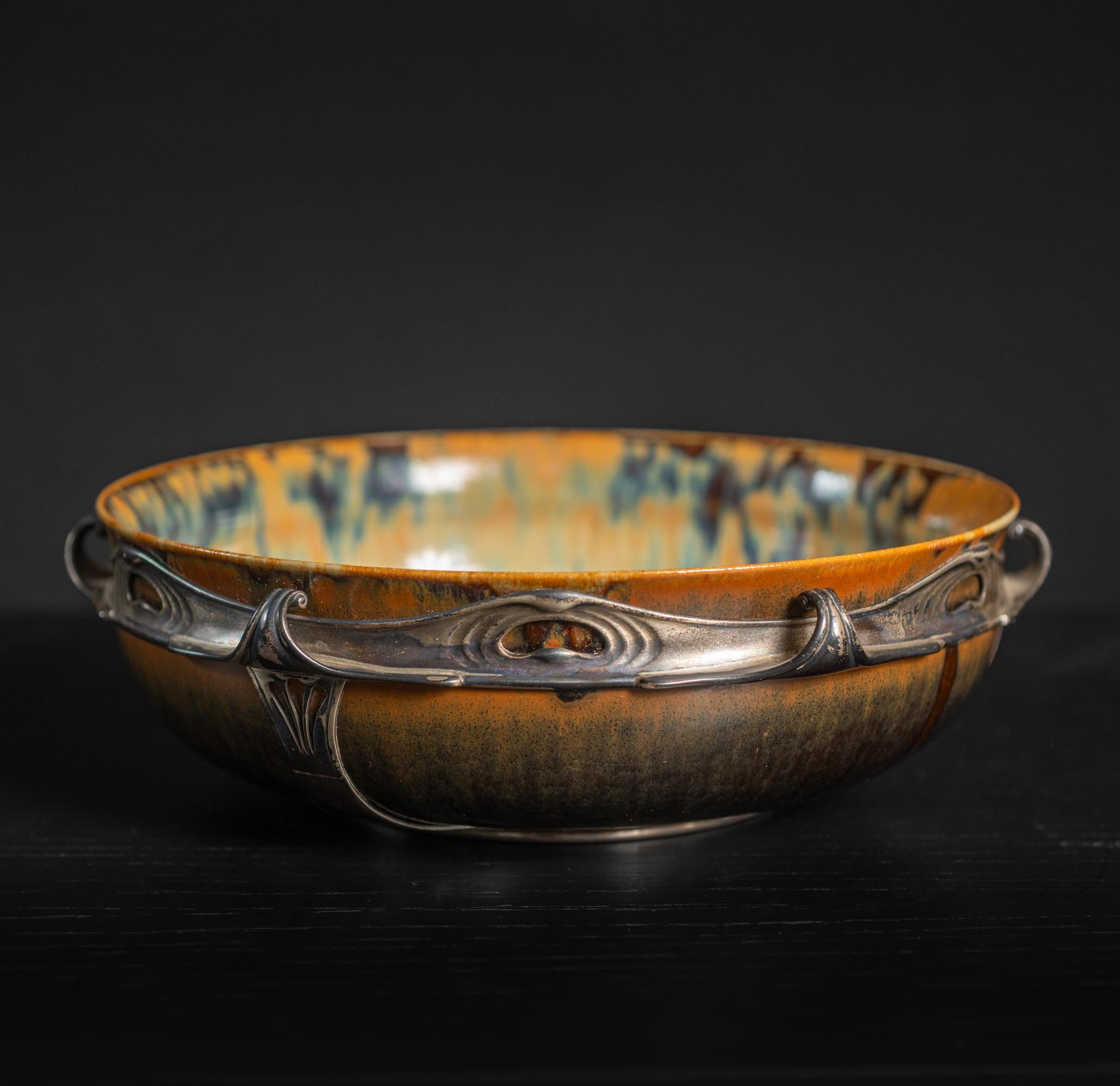 French Art Nouveau Stoneware Copper Drip Bowl in Silver Mount by Auguste Delaherche For Sale