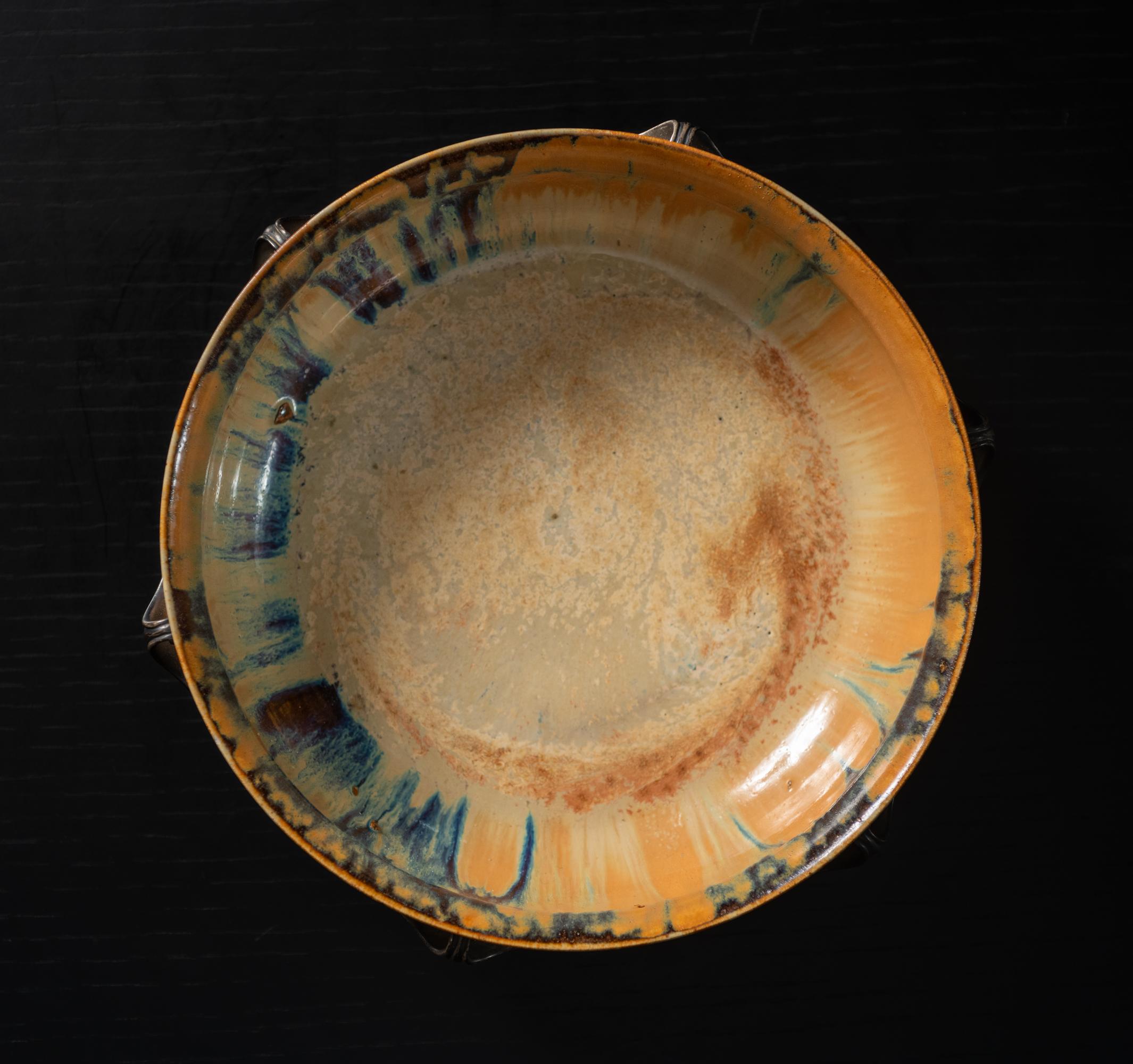 Glazed Art Nouveau Stoneware Copper Drip Bowl in Silver Mount by Auguste Delaherche For Sale