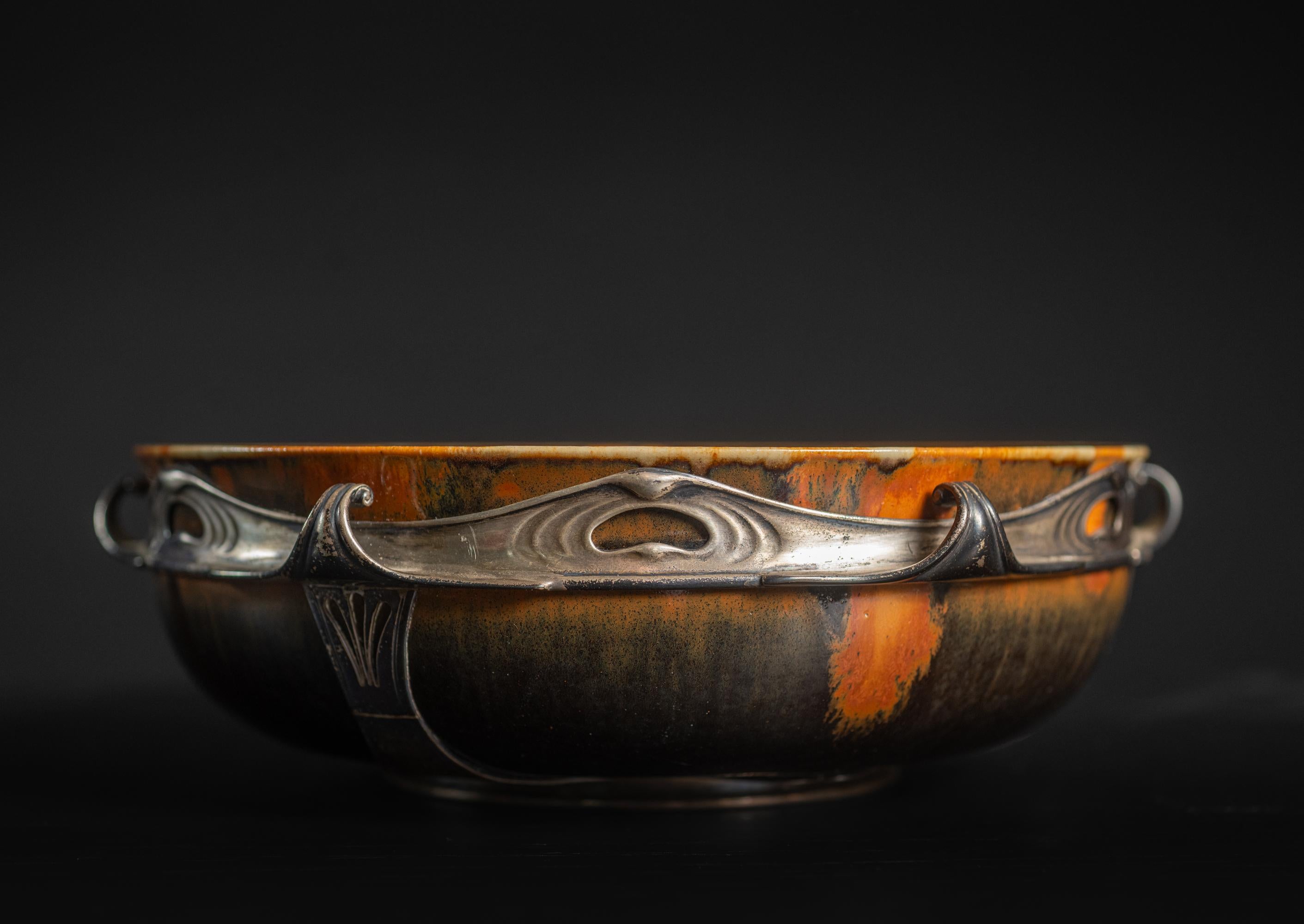 Art Nouveau Stoneware Copper Drip Bowl in Silver Mount by Auguste Delaherche In Excellent Condition For Sale In Chicago, US
